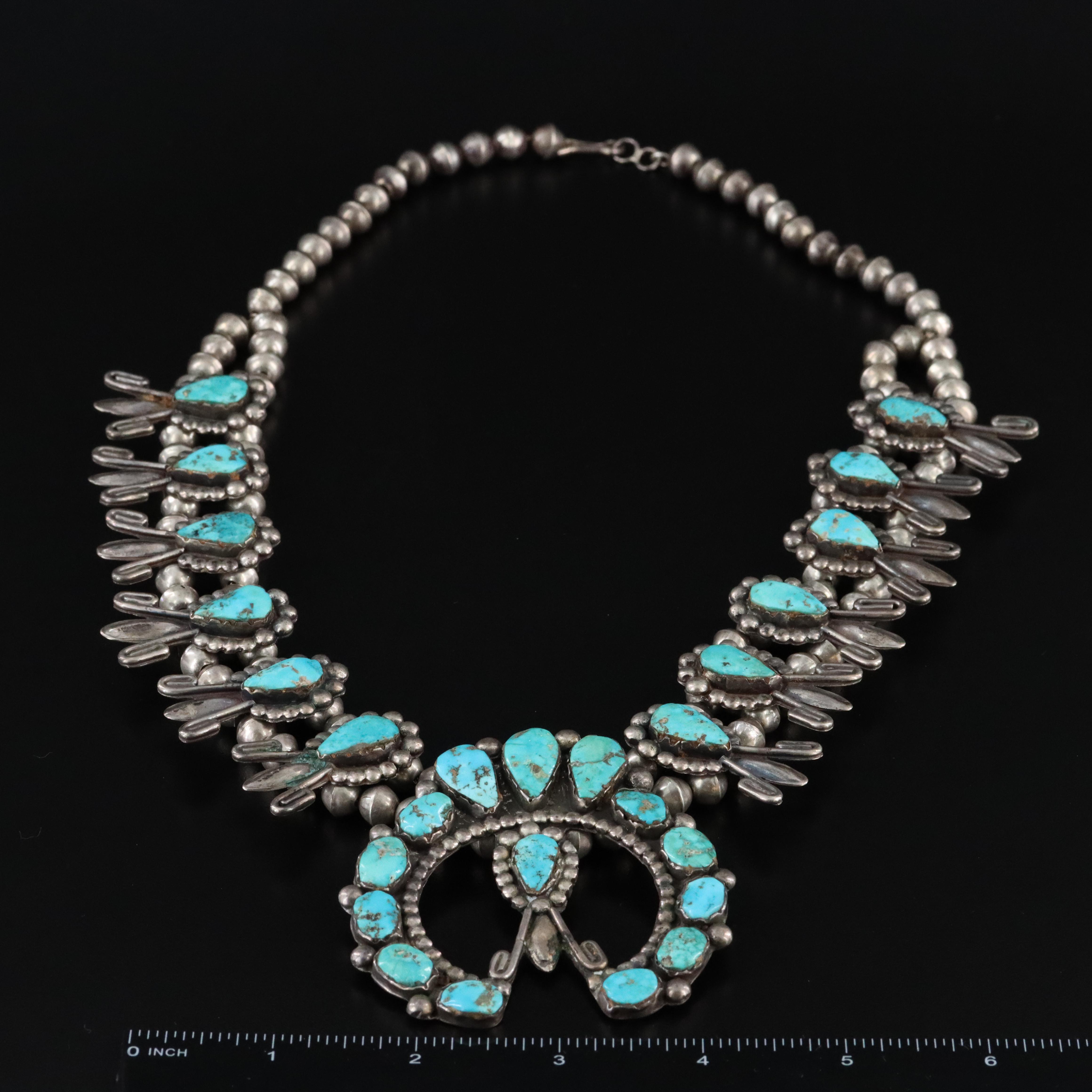 Southwestern Sterling Turquoise Squash Blossom Necklace