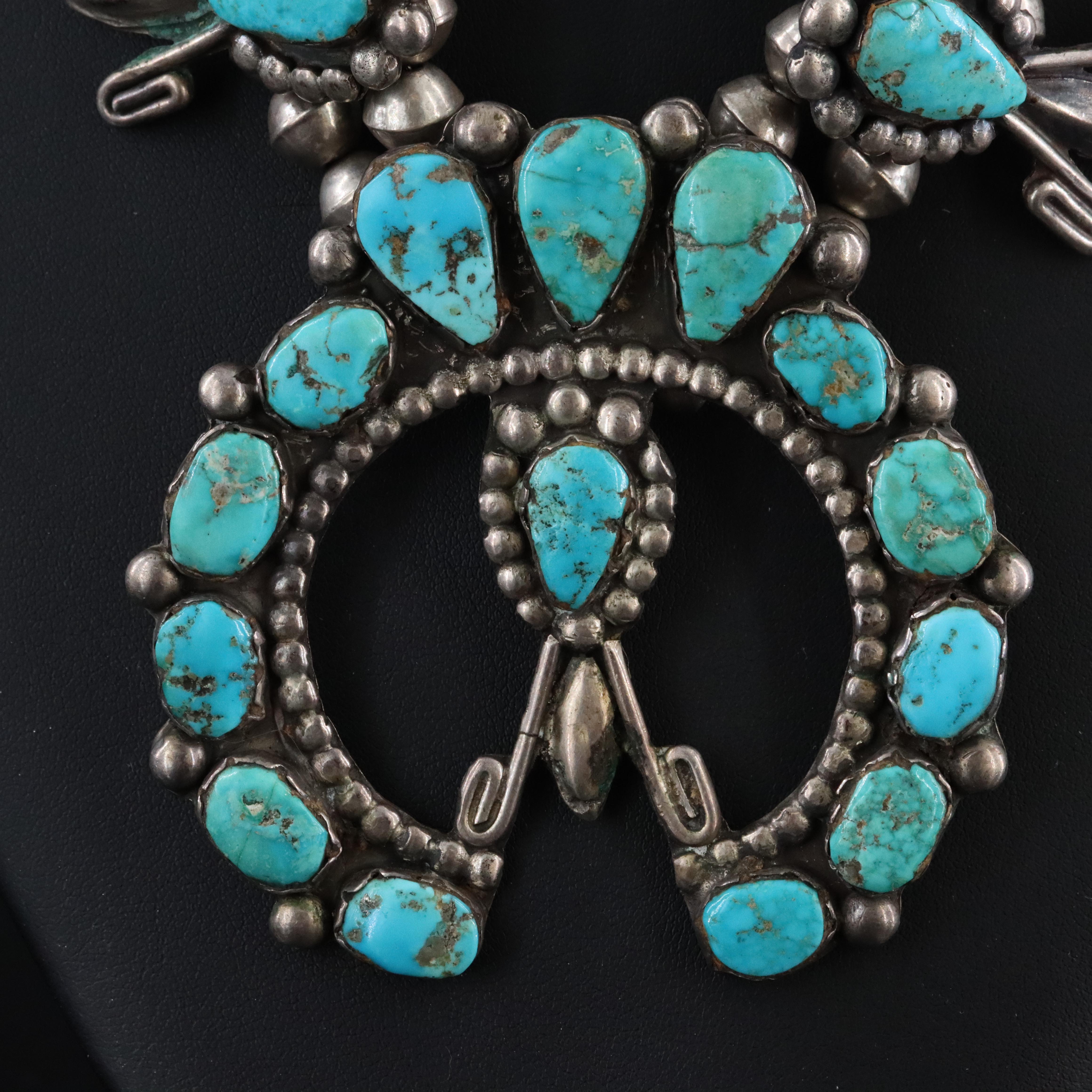 Southwestern Sterling Turquoise Squash Blossom Necklace
