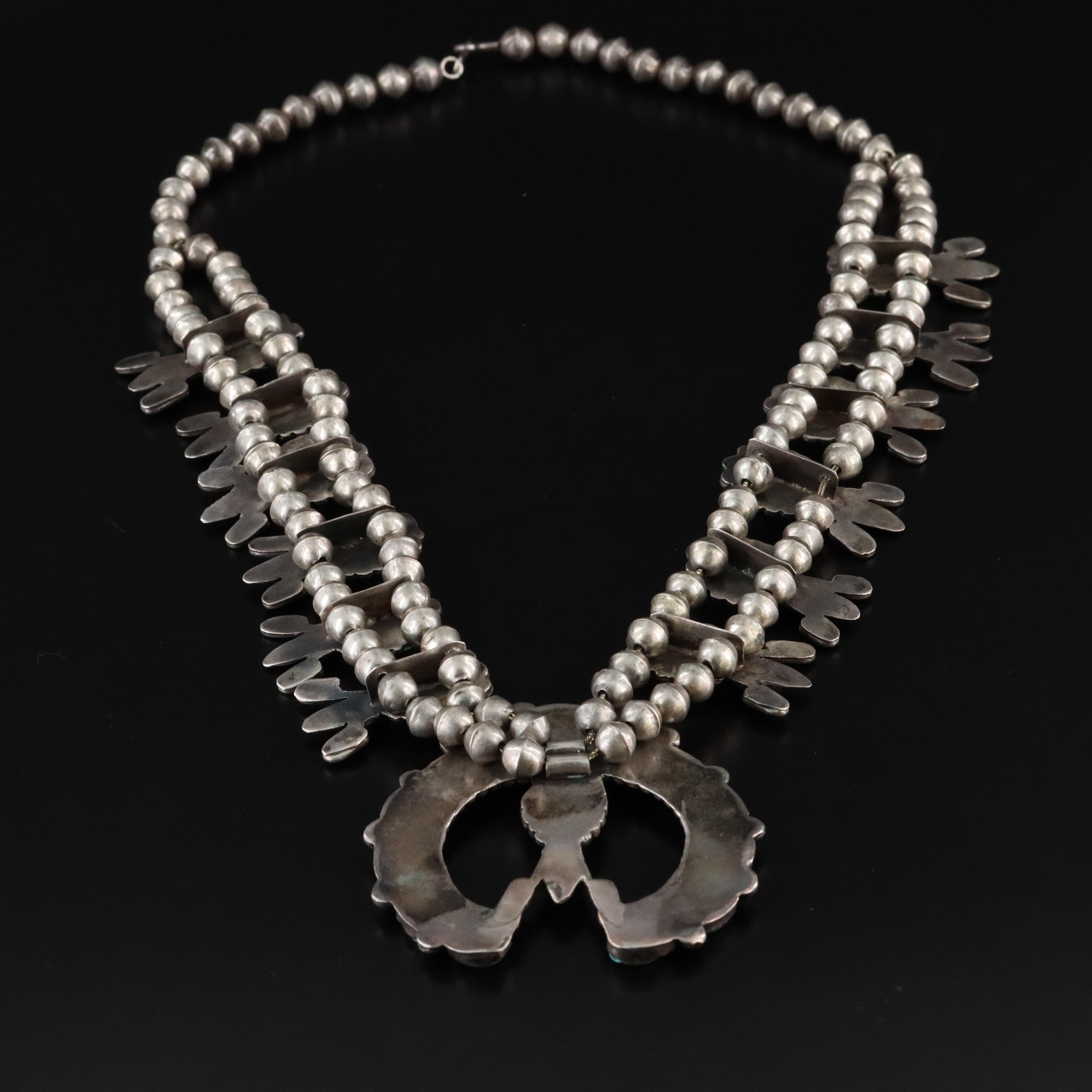 Southwestern Sterling Turquoise Squash Blossom Necklace