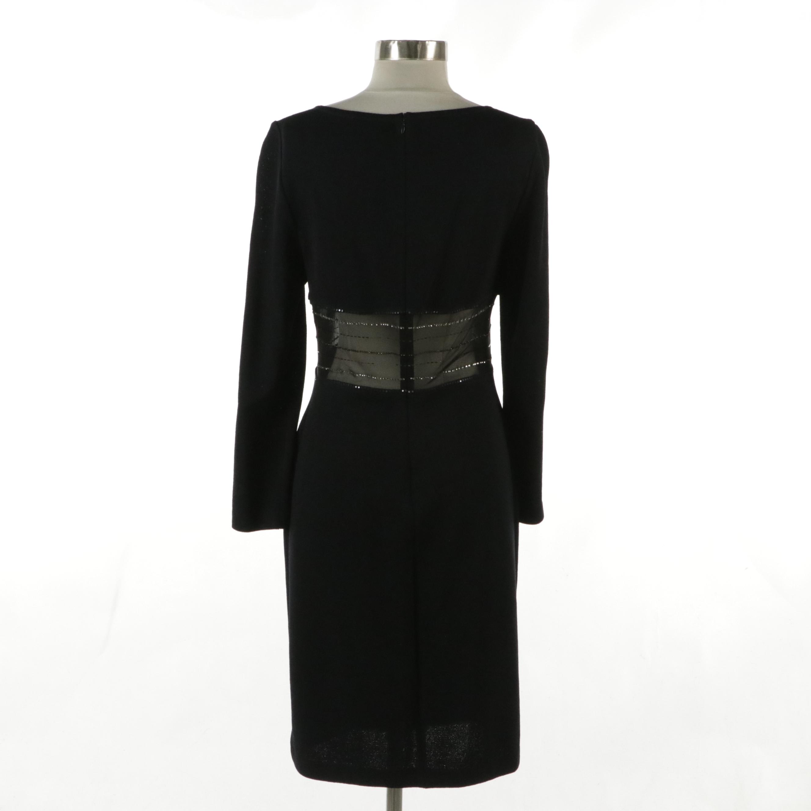 St. John Evening Black Knit Crystal and Sequined Mesh Cocktail Dress