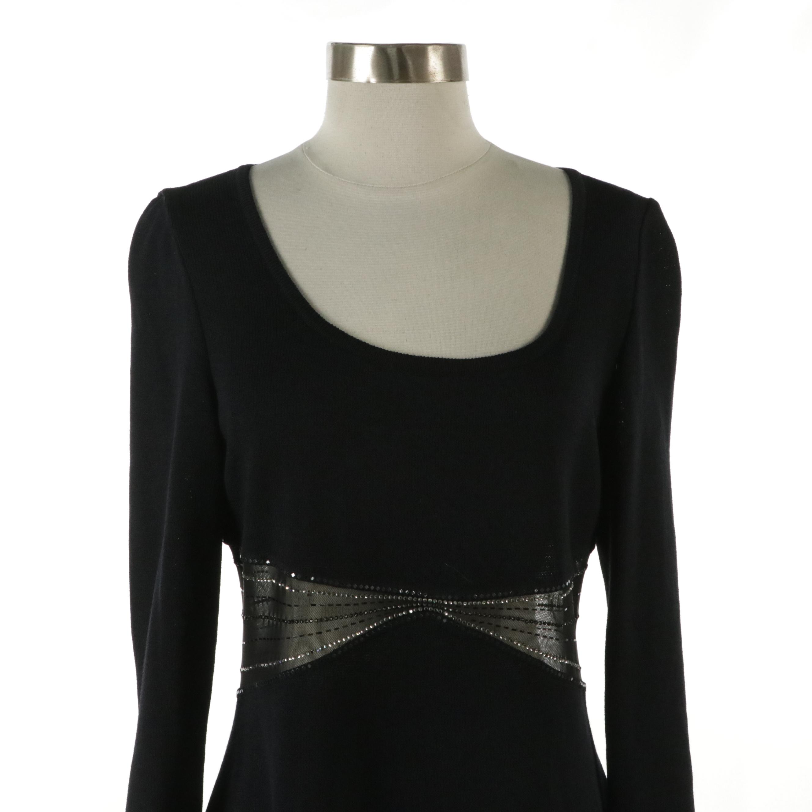 St. John Evening Black Knit Crystal and Sequined Mesh Cocktail Dress
