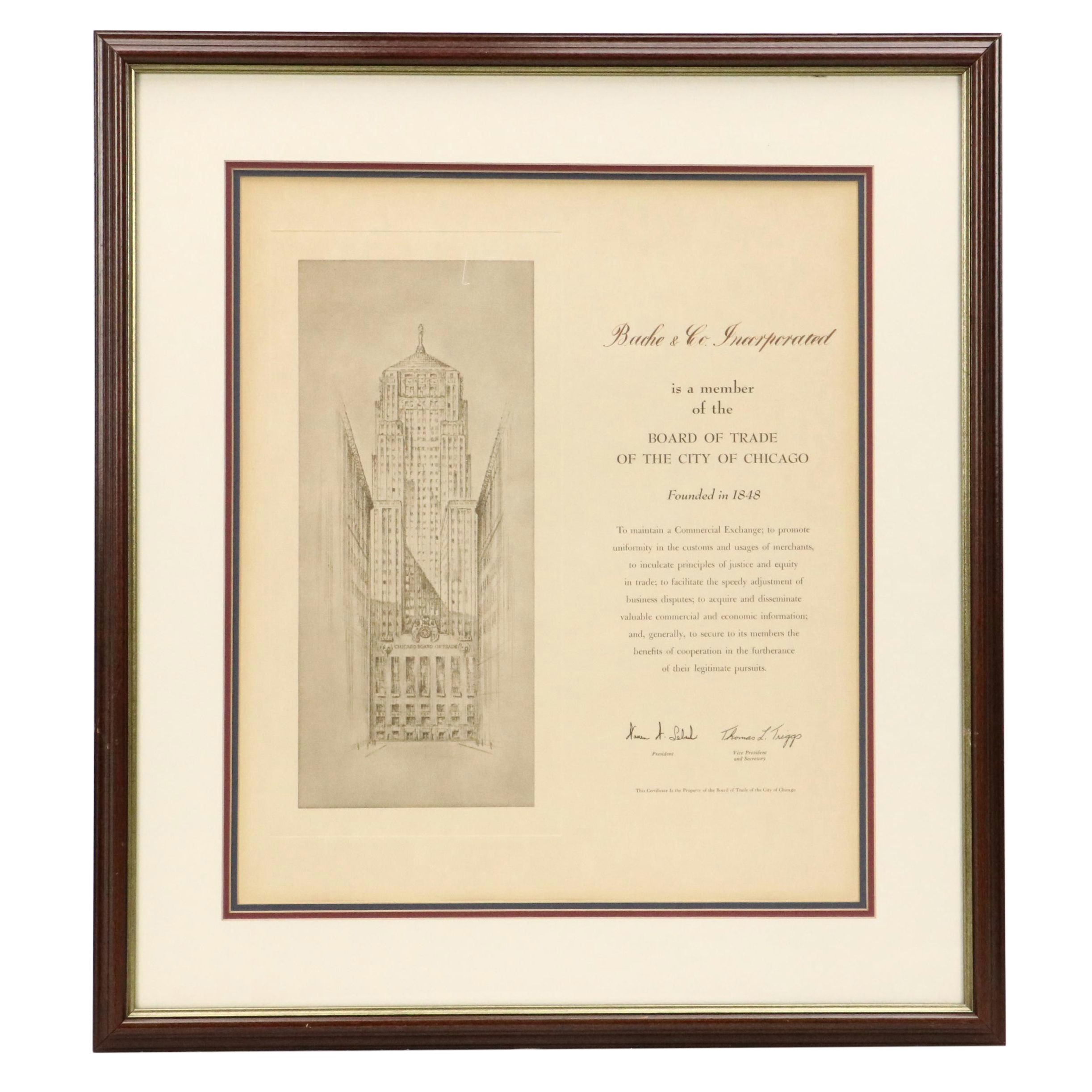 Board of Trade of the City of Chicago Halftone Certificate for Bache & Co.