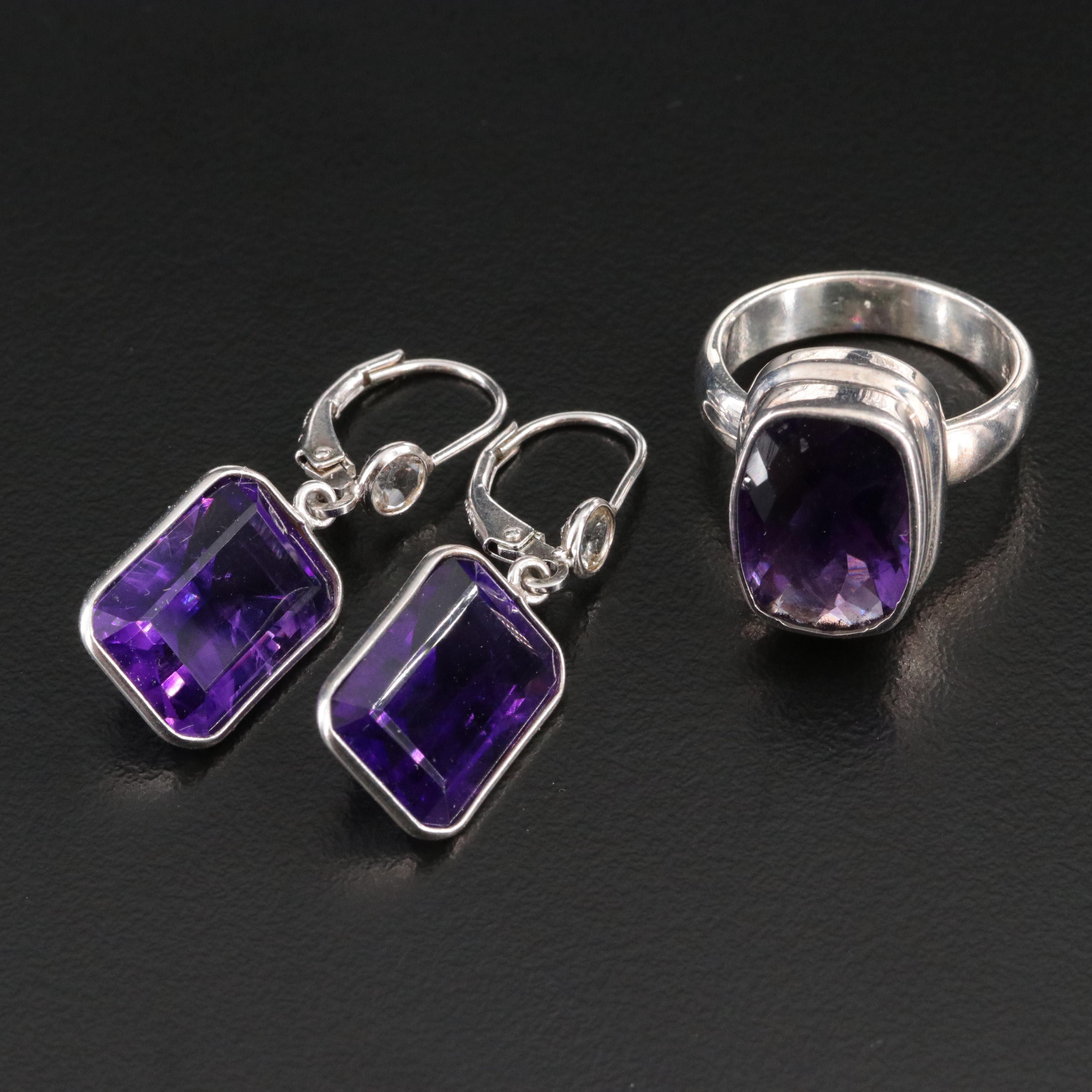 Sterling Amethyst Ring with Amethyst and White Topaz Earrings