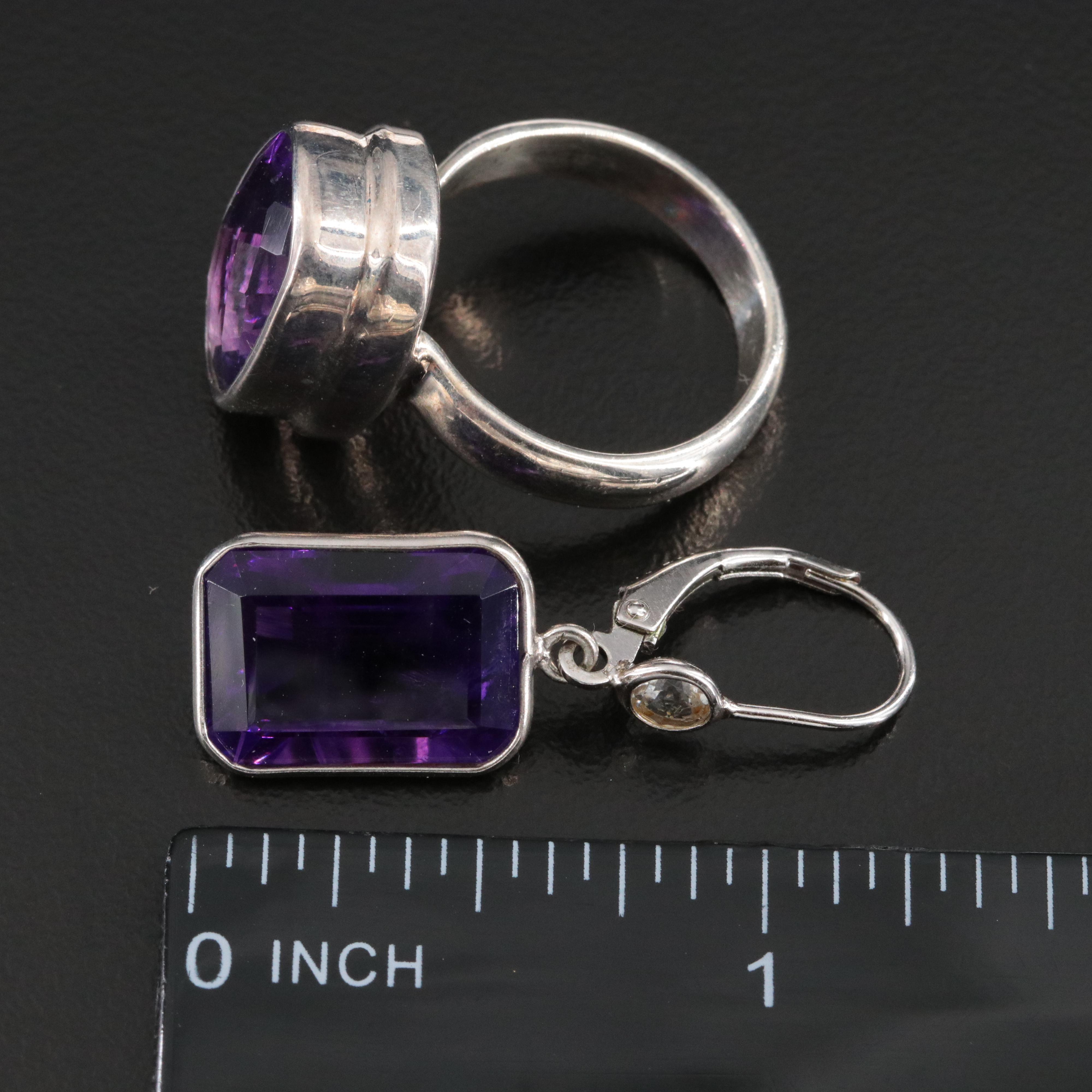 Sterling Amethyst Ring with Amethyst and White Topaz Earrings