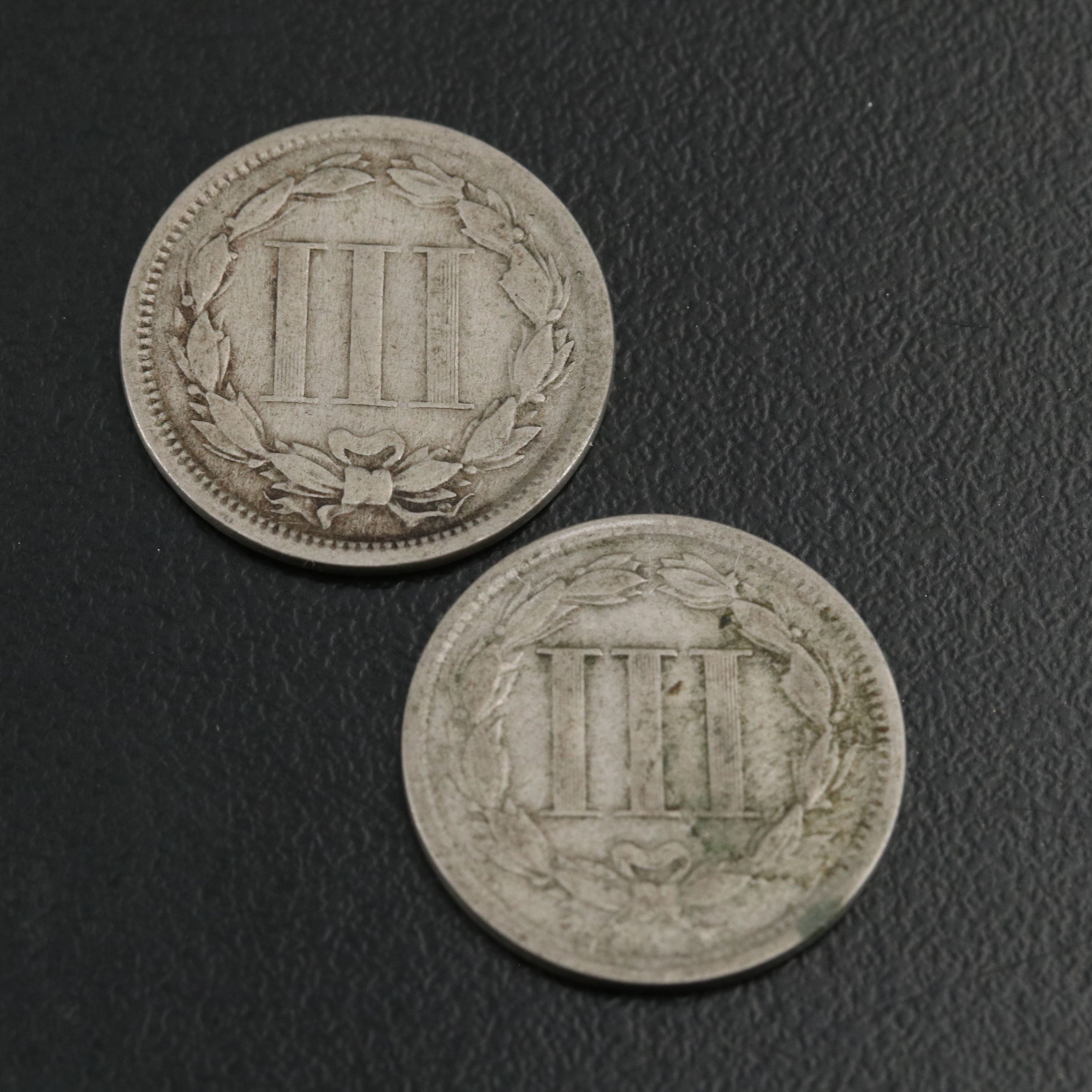 7 different U.S. three cent nickels 1865, 1866, 1867, 1868, 1869, 1870, and 1974