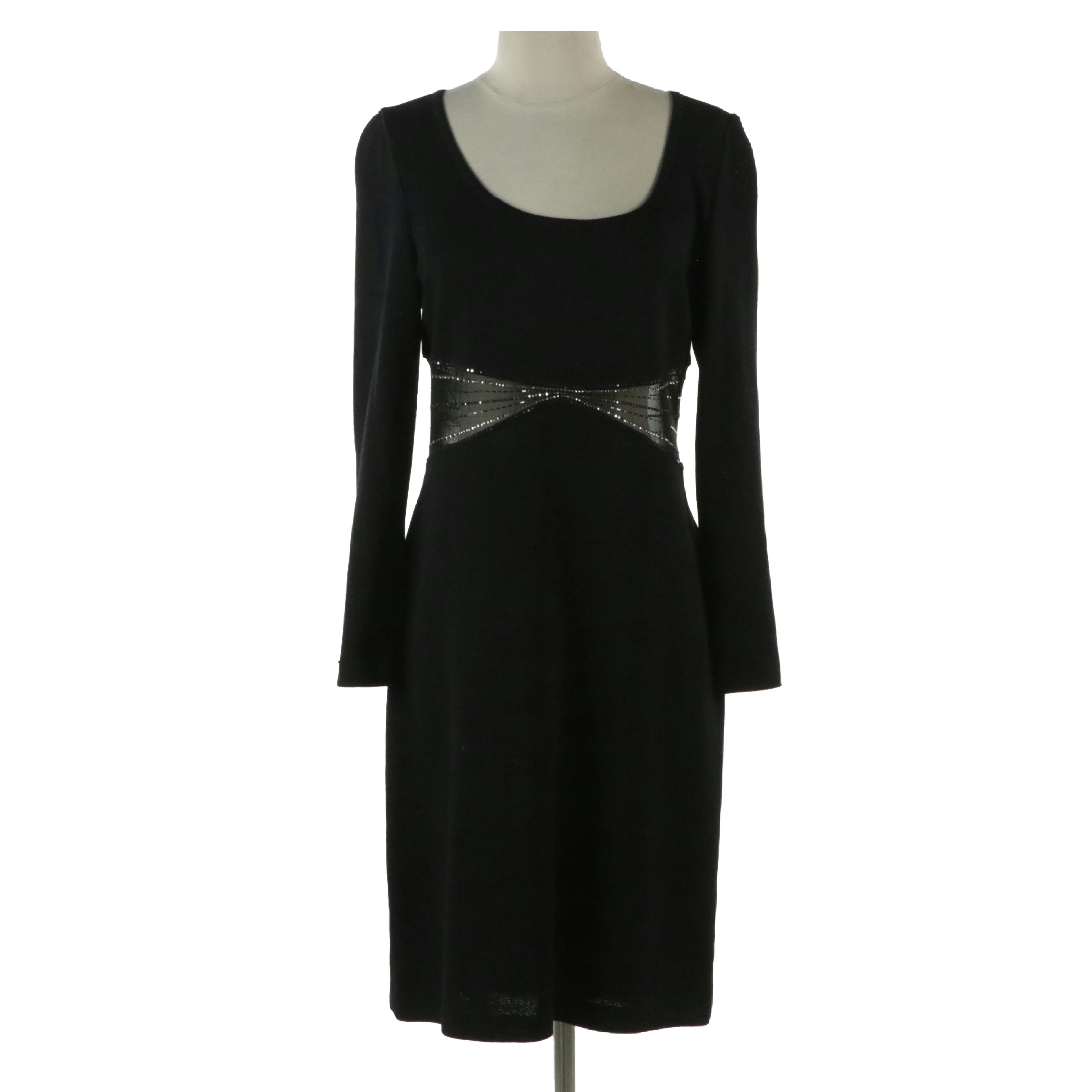 St. John Evening Black Knit Crystal and Sequined Mesh Cocktail Dress