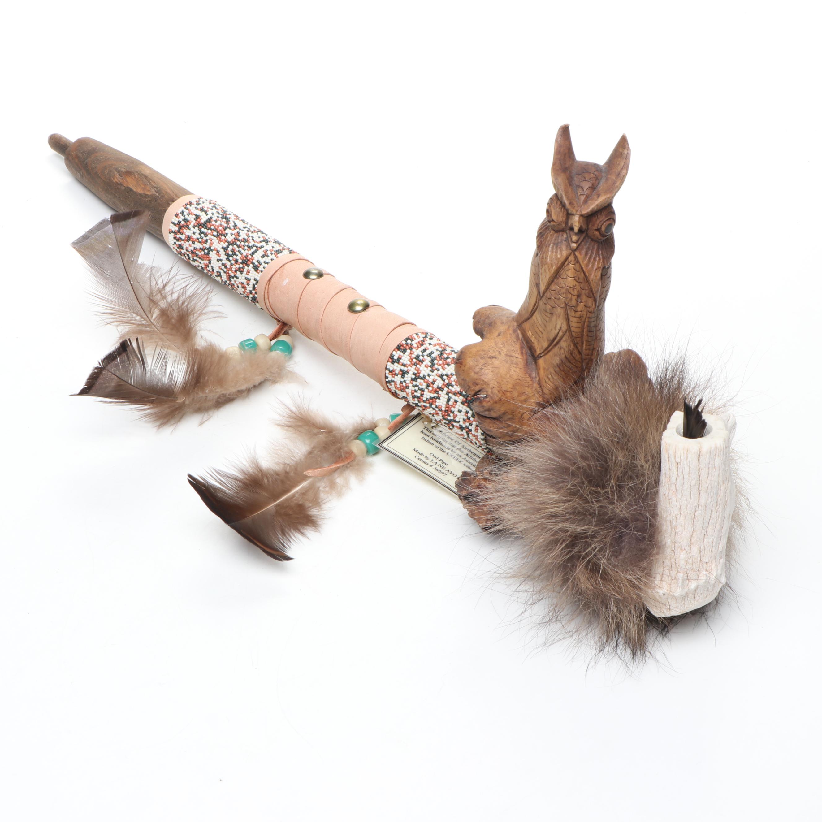 La Ne Ayo Native American Creek Beaded Carved Wood Owl Pipe