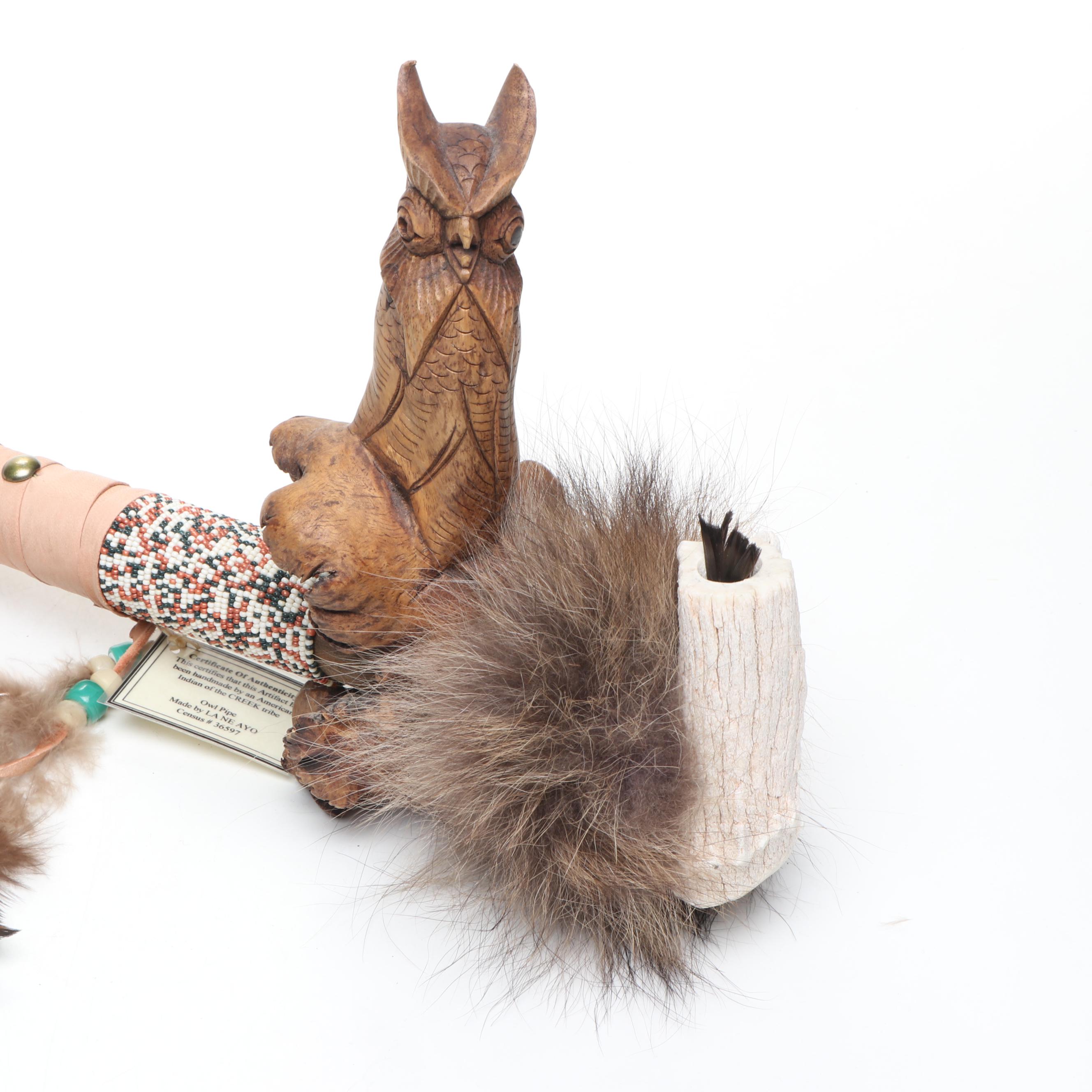 La Ne Ayo Native American Creek Beaded Carved Wood Owl Pipe