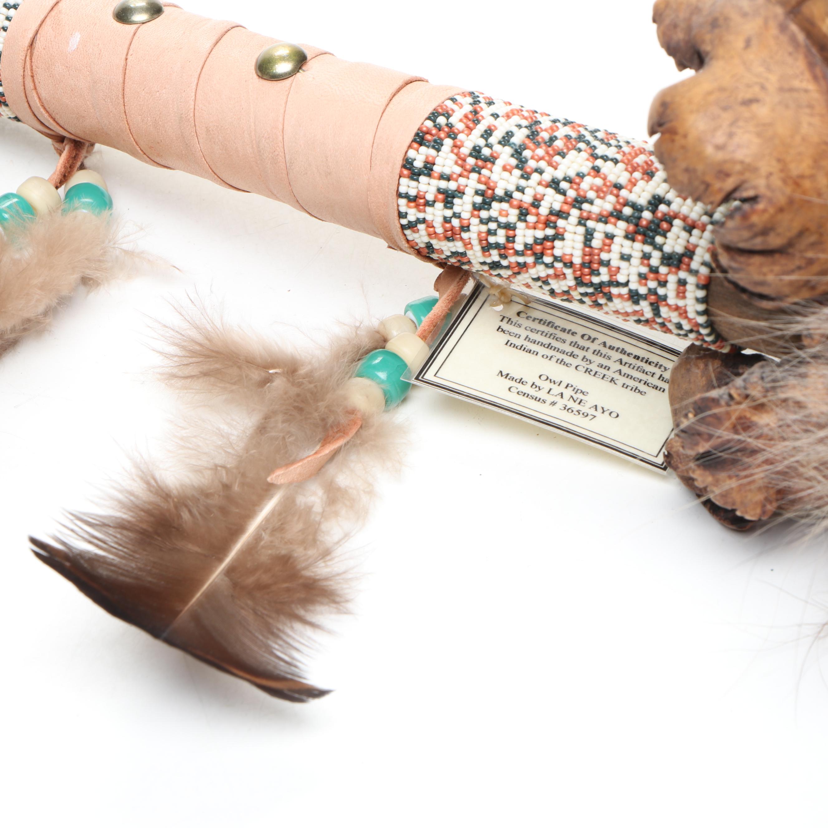 La Ne Ayo Native American Creek Beaded Carved Wood Owl Pipe