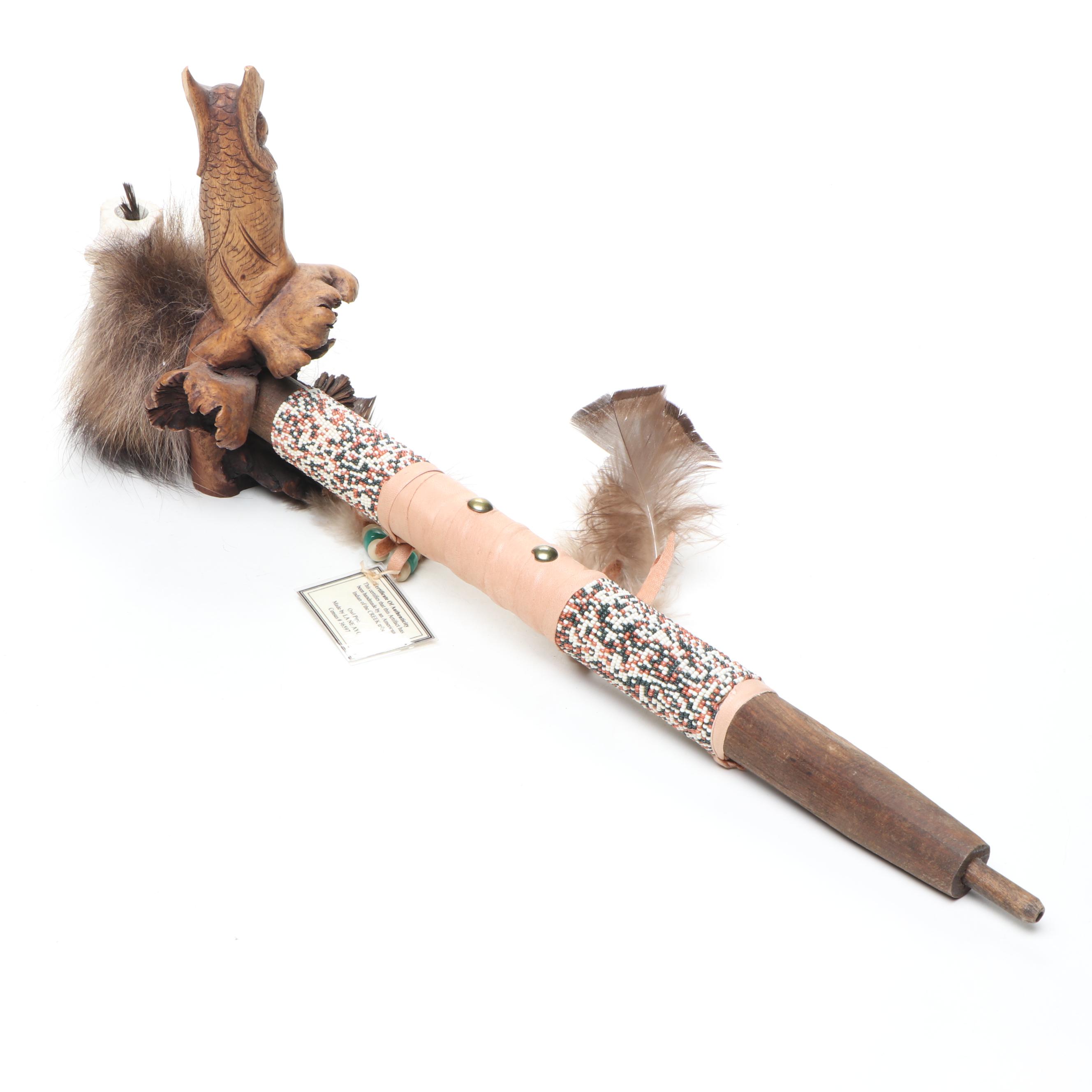 La Ne Ayo Native American Creek Beaded Carved Wood Owl Pipe