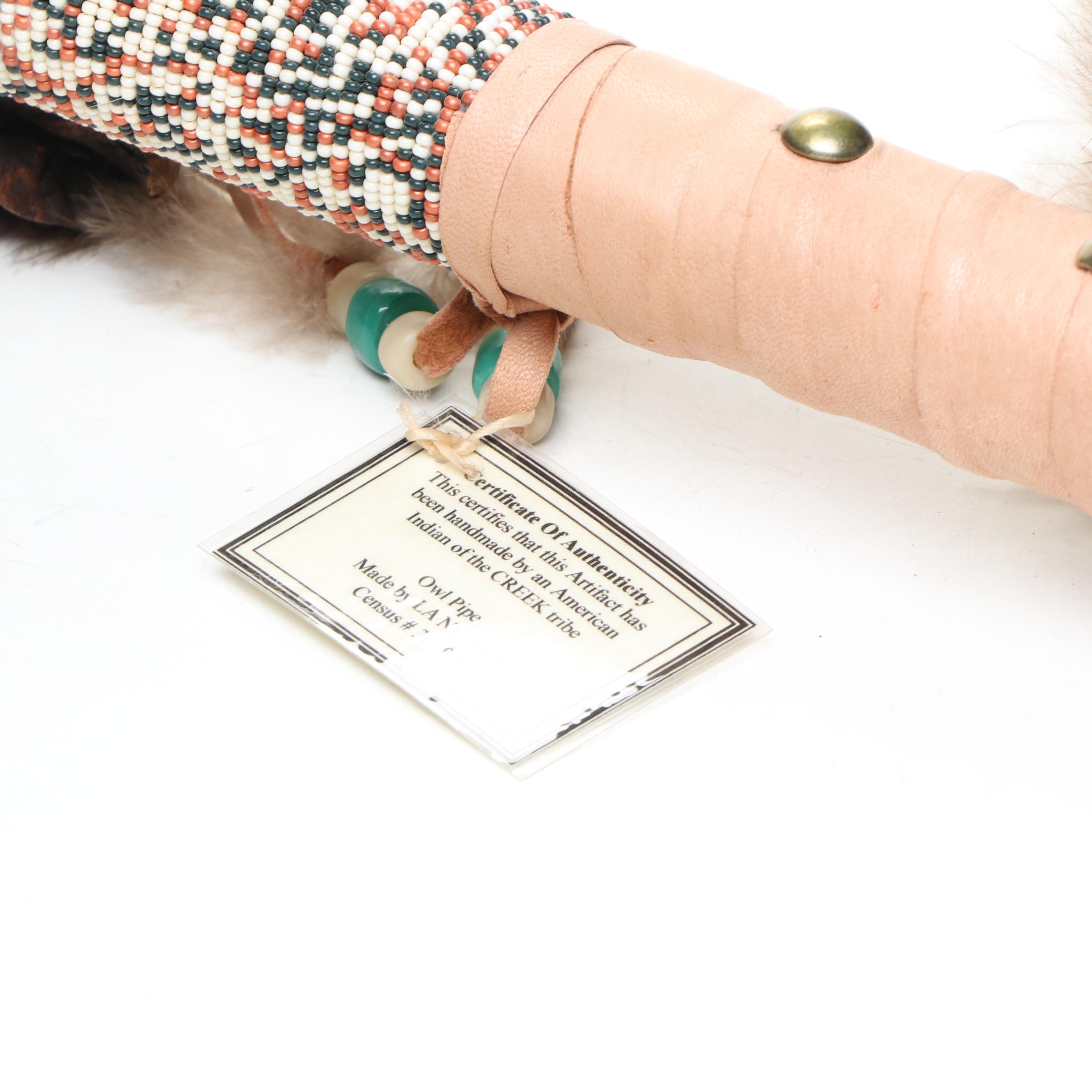 La Ne Ayo Native American Creek Beaded Carved Wood Owl Pipe