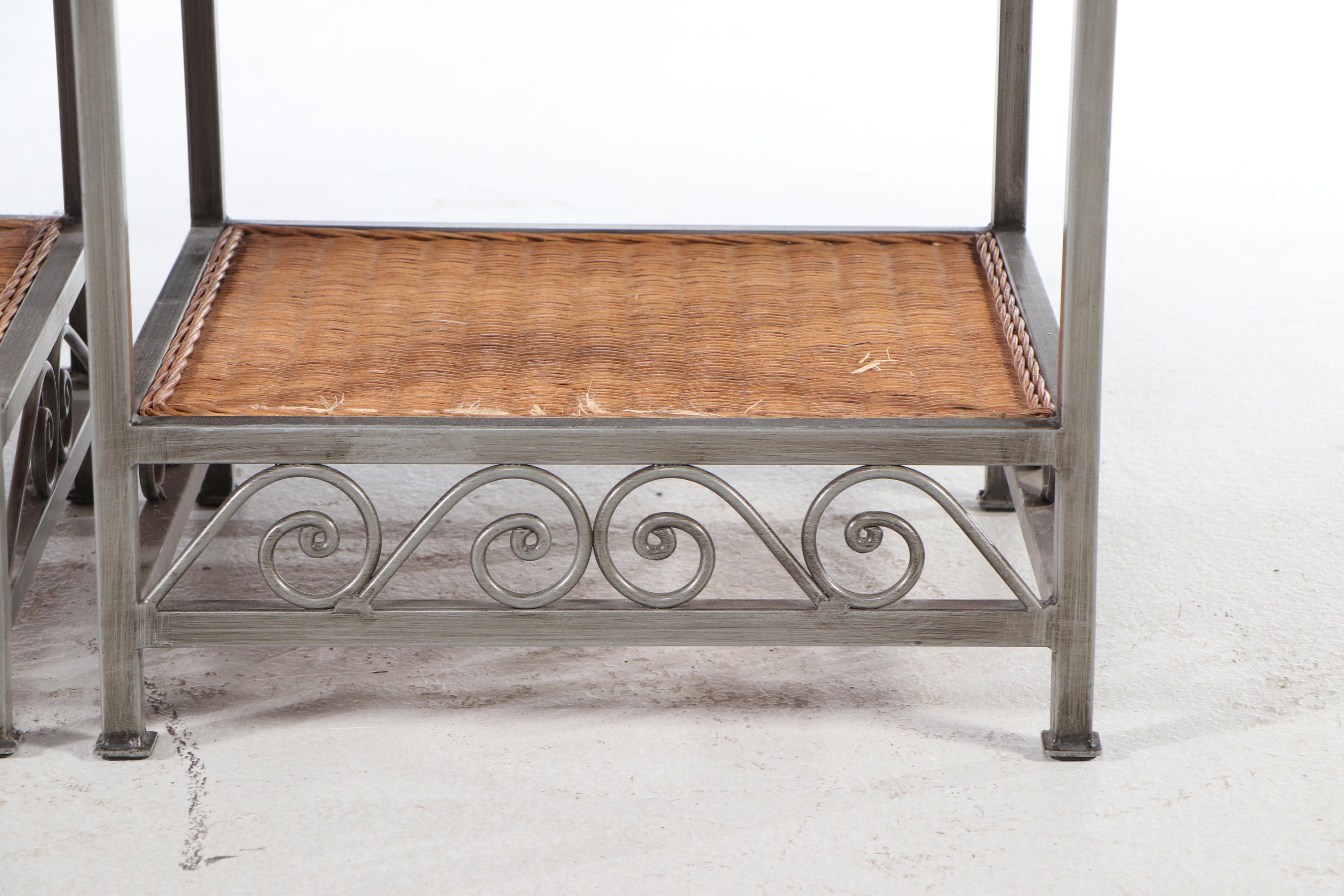 Pair of Wicker and Scrolling Metal Frame Nightstands