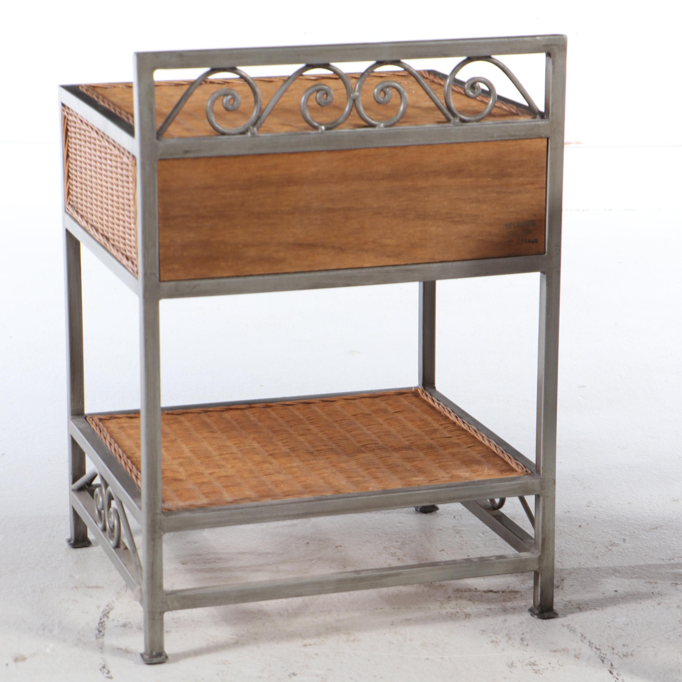 Pair of Wicker and Scrolling Metal Frame Nightstands