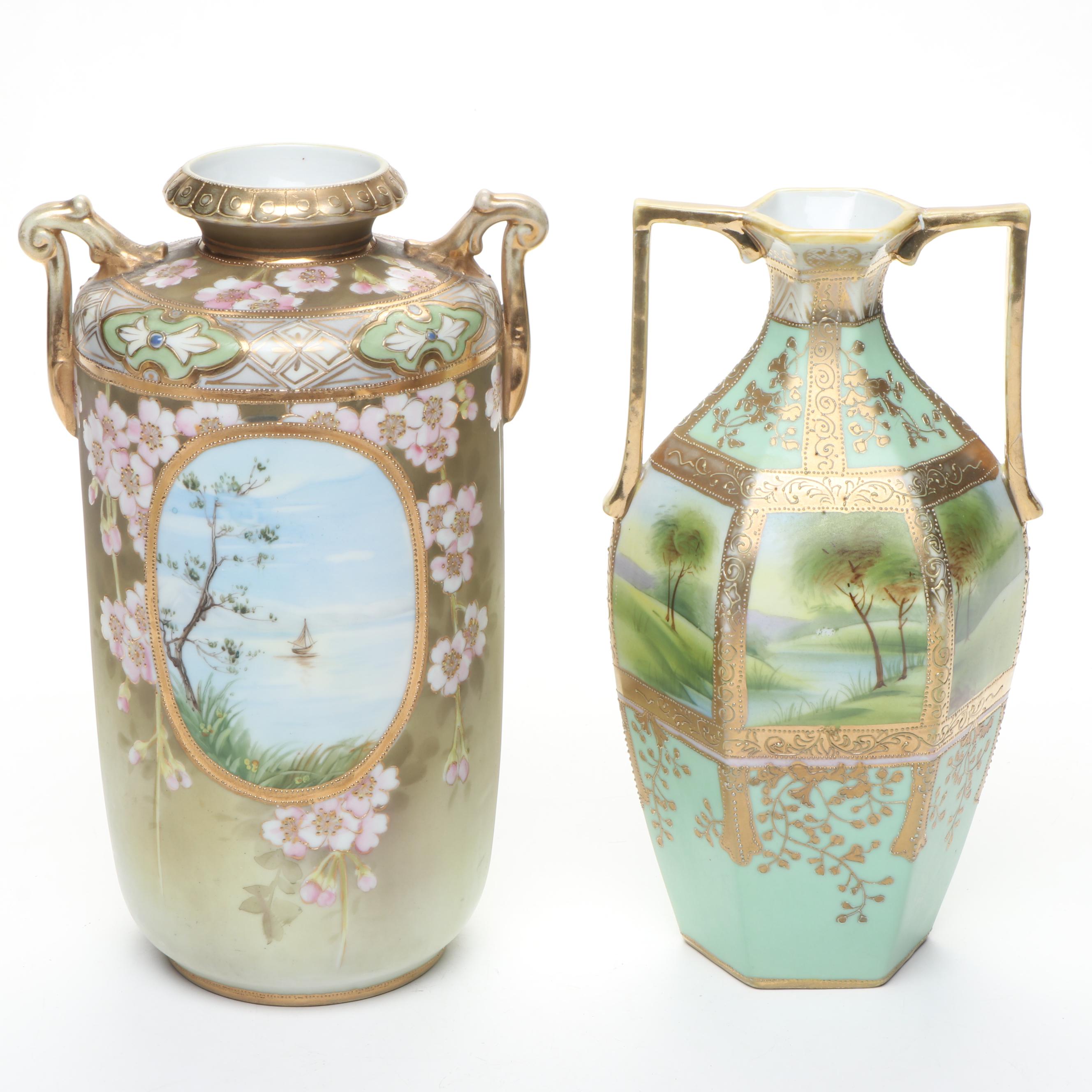 Morimura Bros. and More Gold Finish Floral Moriage Bone China Vases