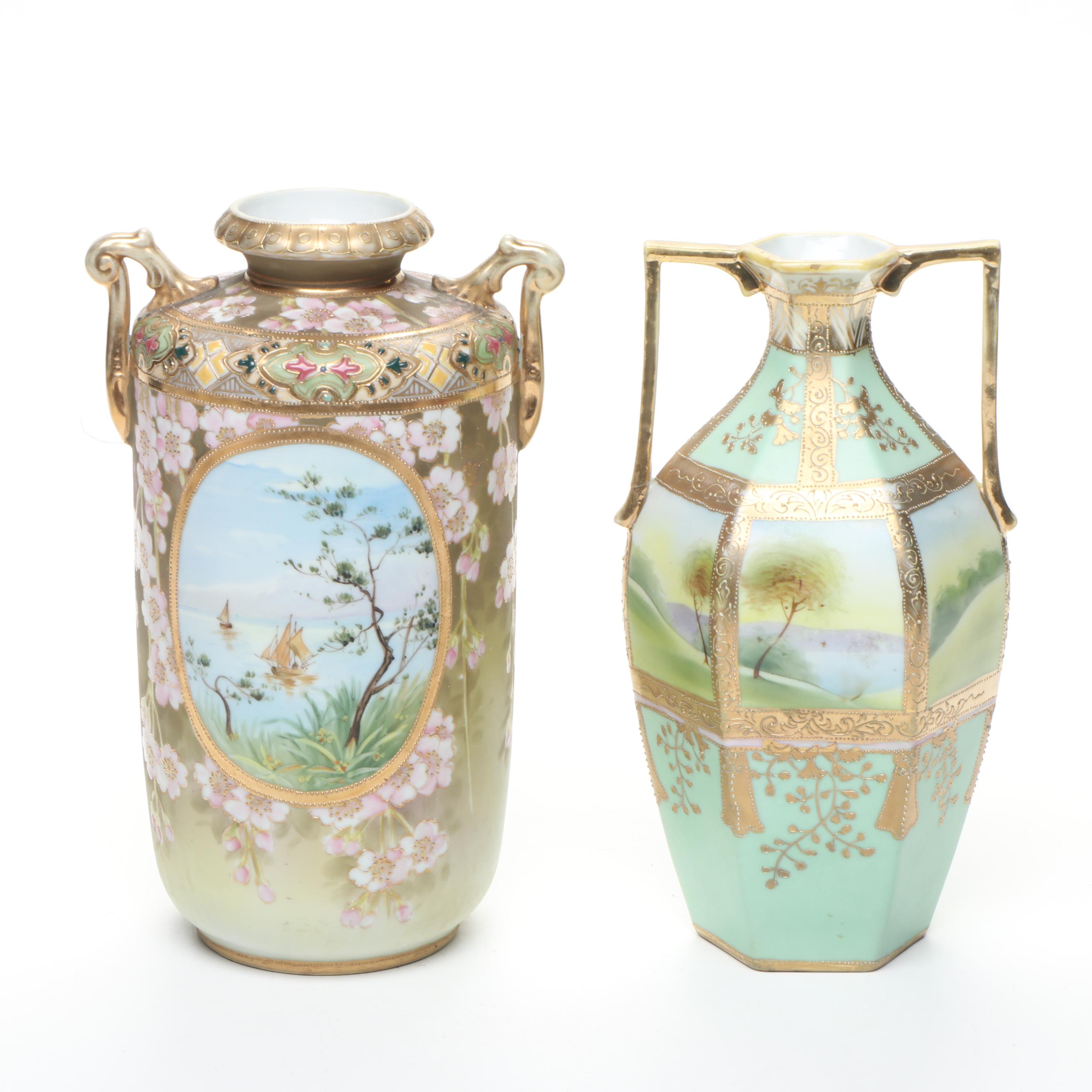 Morimura Bros. and More Gold Finish Floral Moriage Bone China Vases