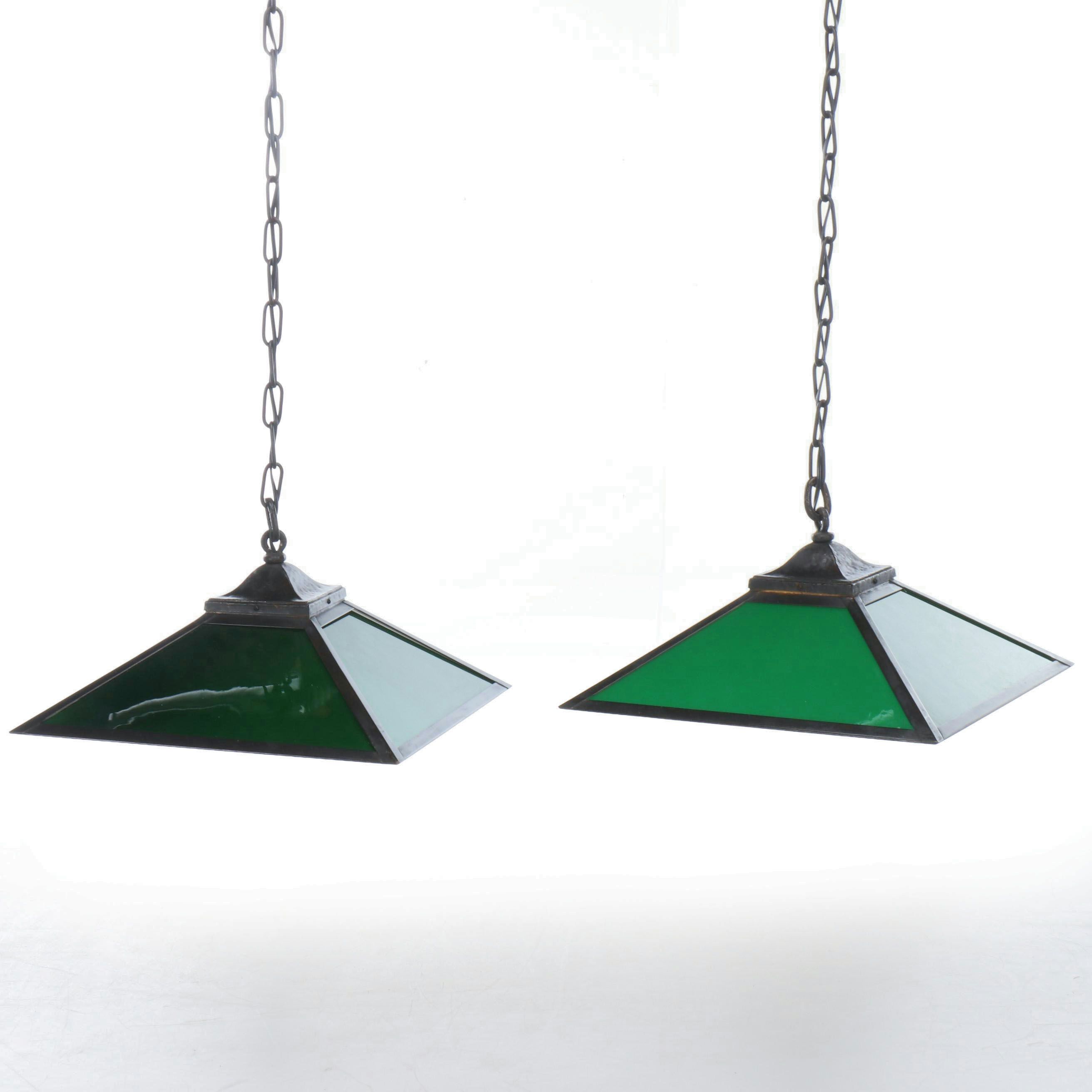 Pair of Emerald Green Cased Glass Billiard Pendant Lights