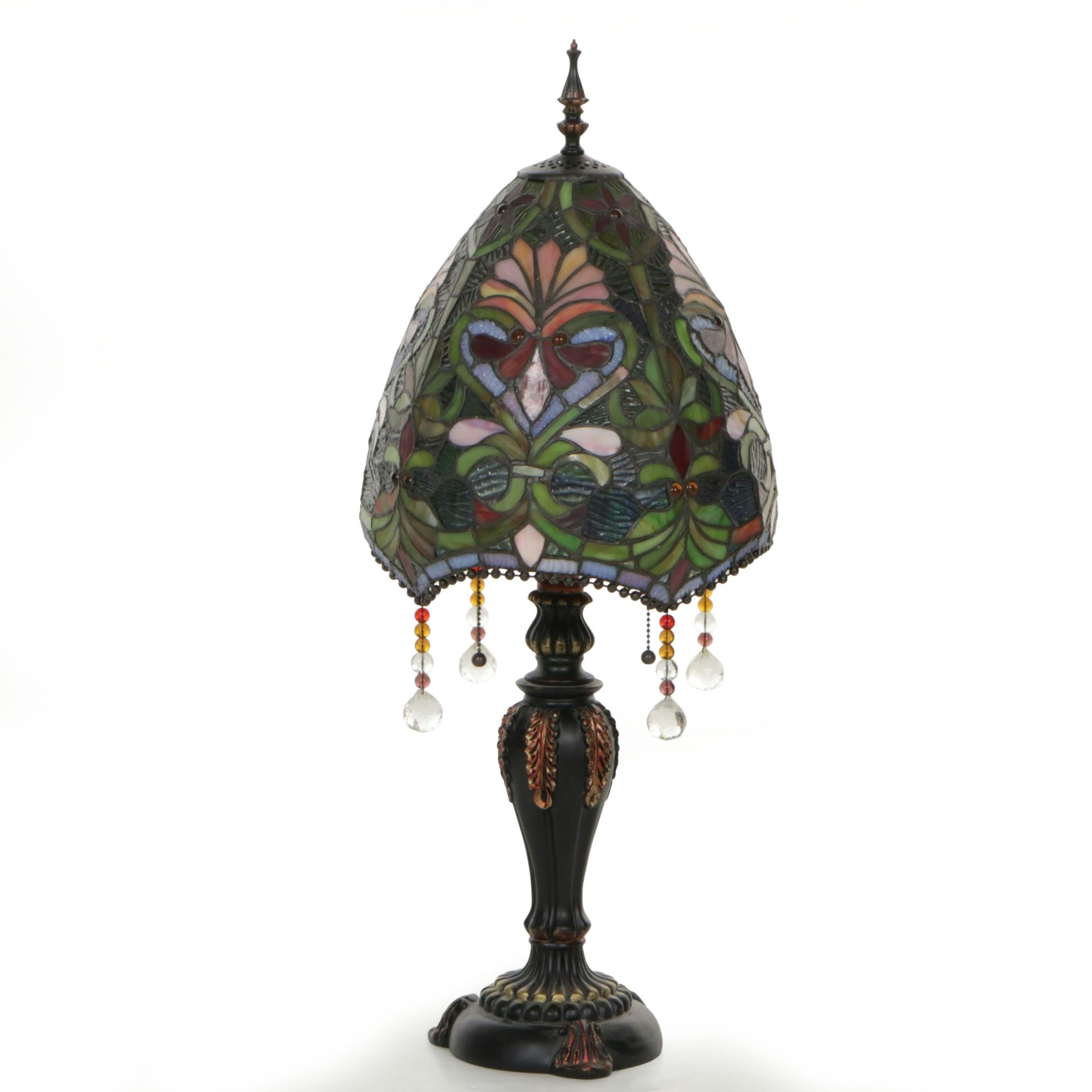 Victorian Style Table Lamp with Slag Glass and Beadwork Shade