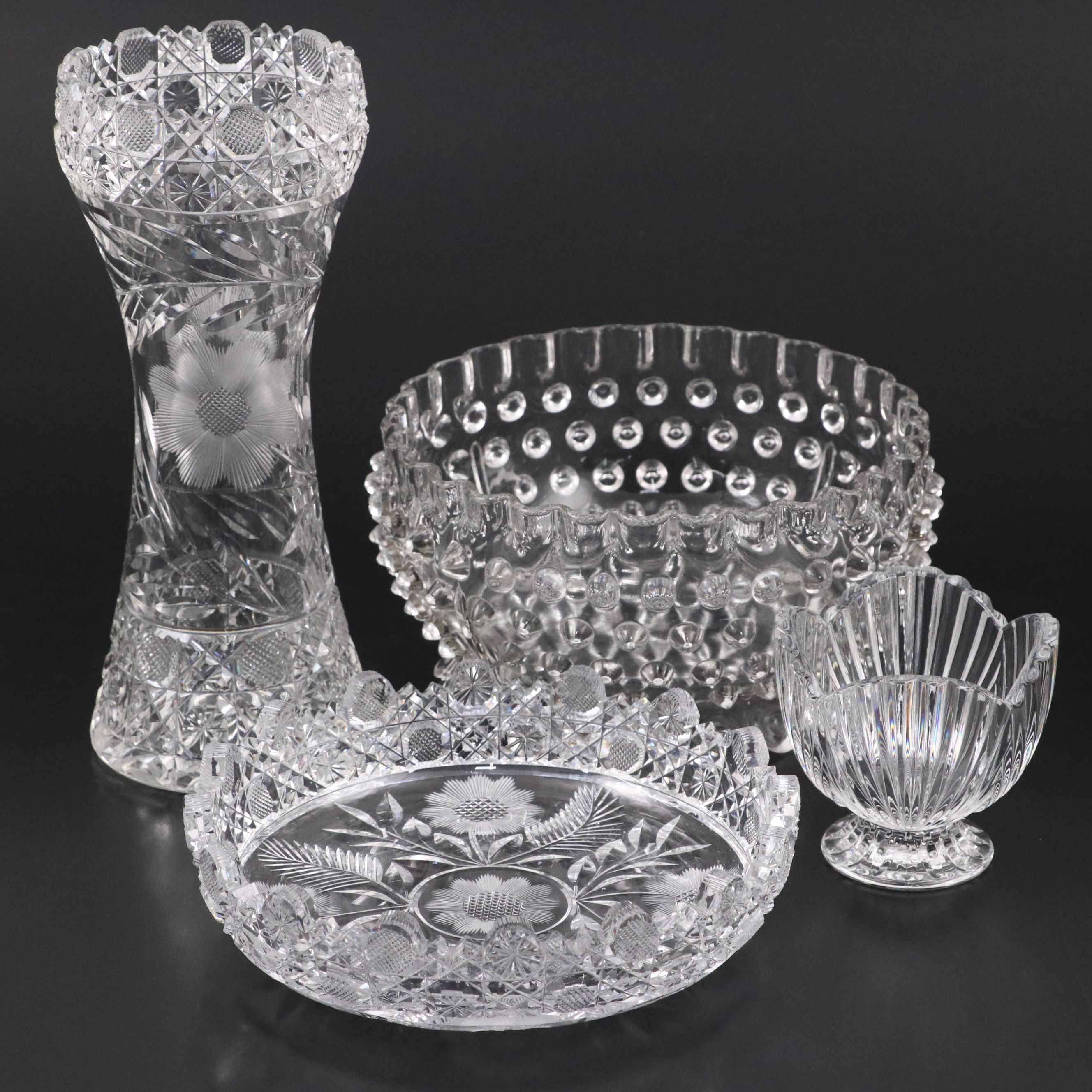 American Brilliant Cut Crystal Vase, Hobnail Glass Bowl, and More Table Décor