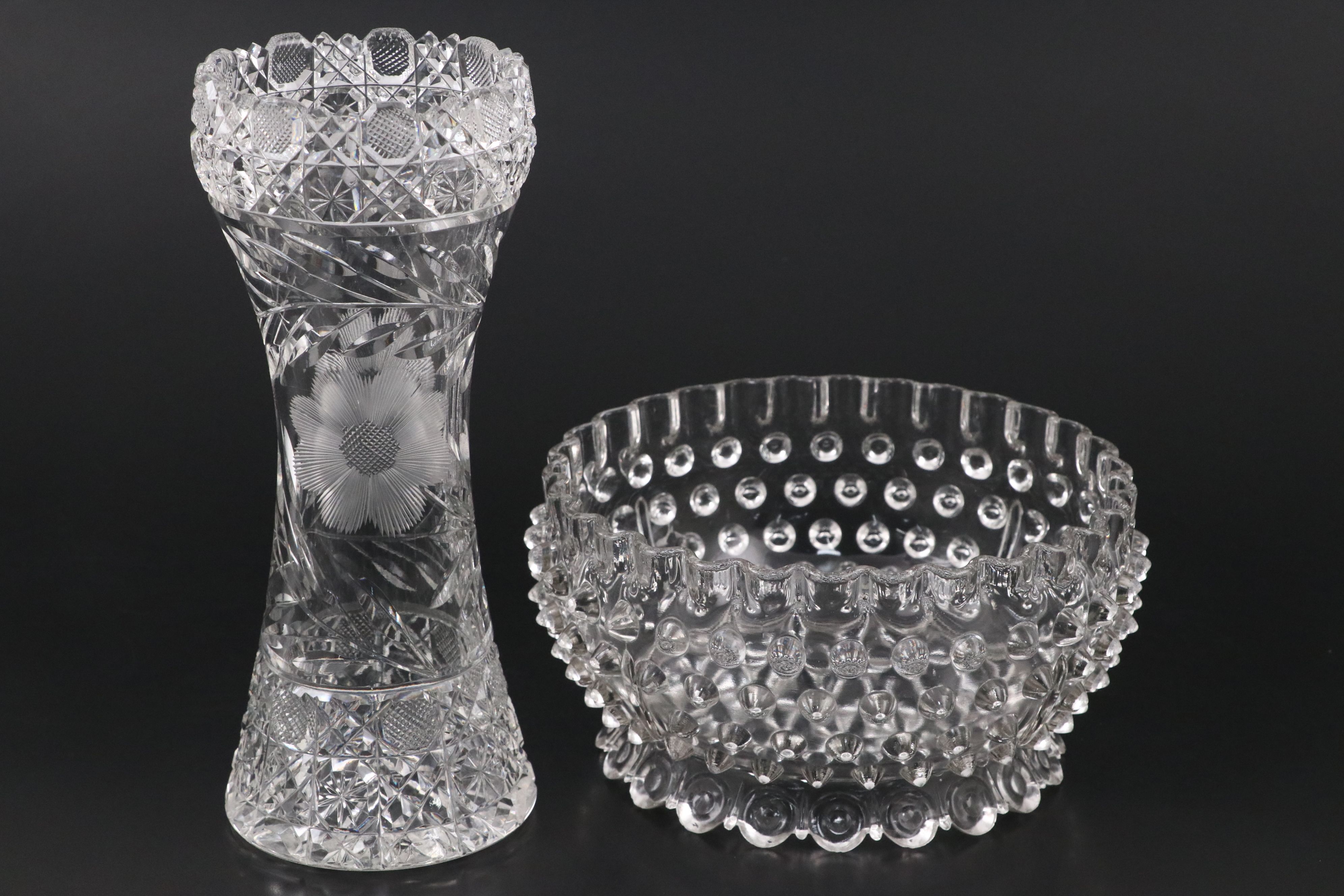 American Brilliant Cut Crystal Vase, Hobnail Glass Bowl, and More Table Décor