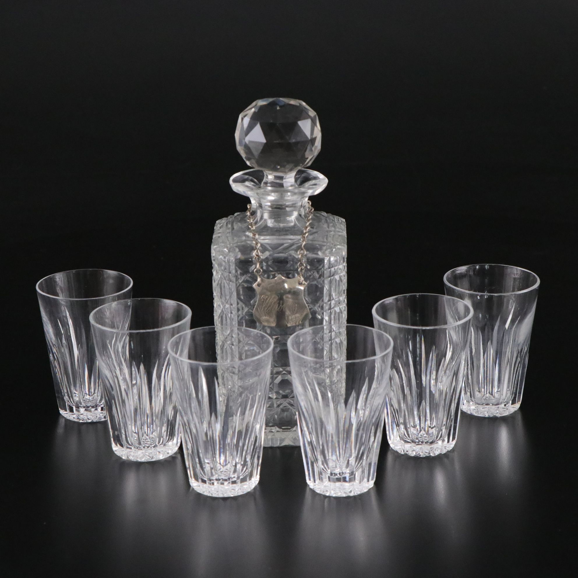 Six Cut Crystal Juice Glasses with Button and Cane Glass Whiskey Decanter