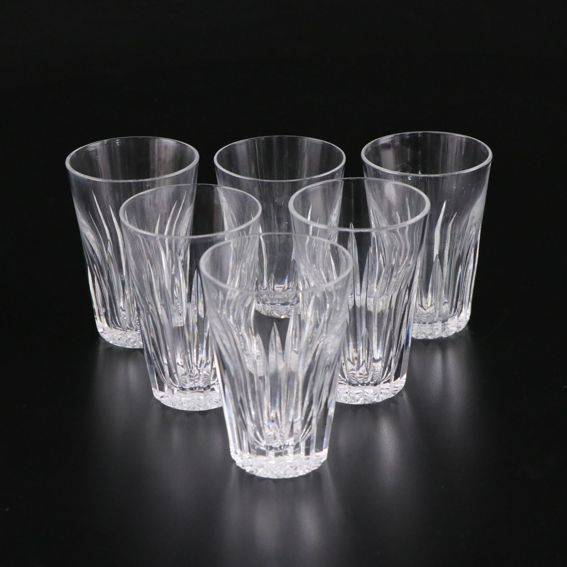 Six Cut Crystal Juice Glasses with Button and Cane Glass Whiskey Decanter