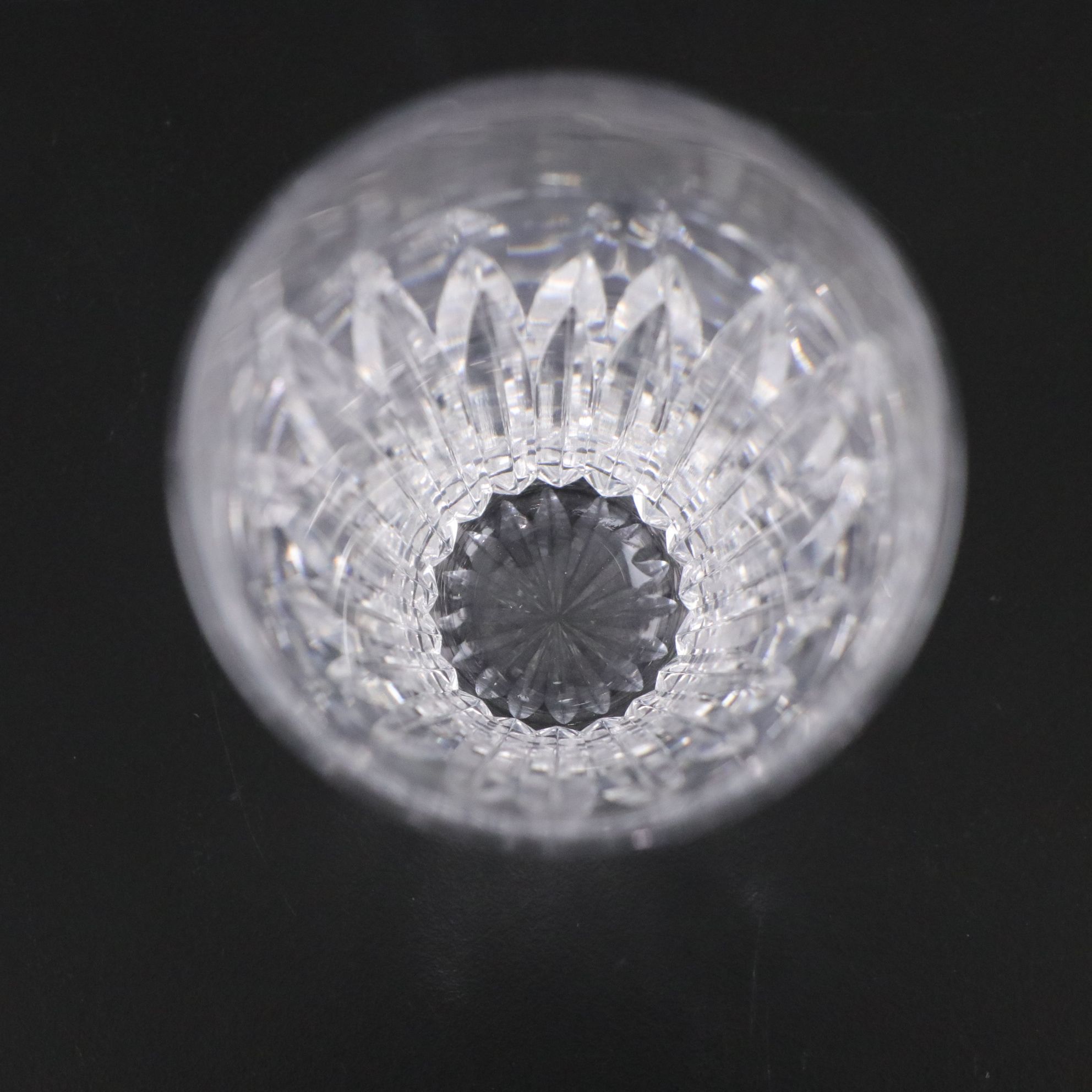 Six Cut Crystal Juice Glasses with Button and Cane Glass Whiskey Decanter