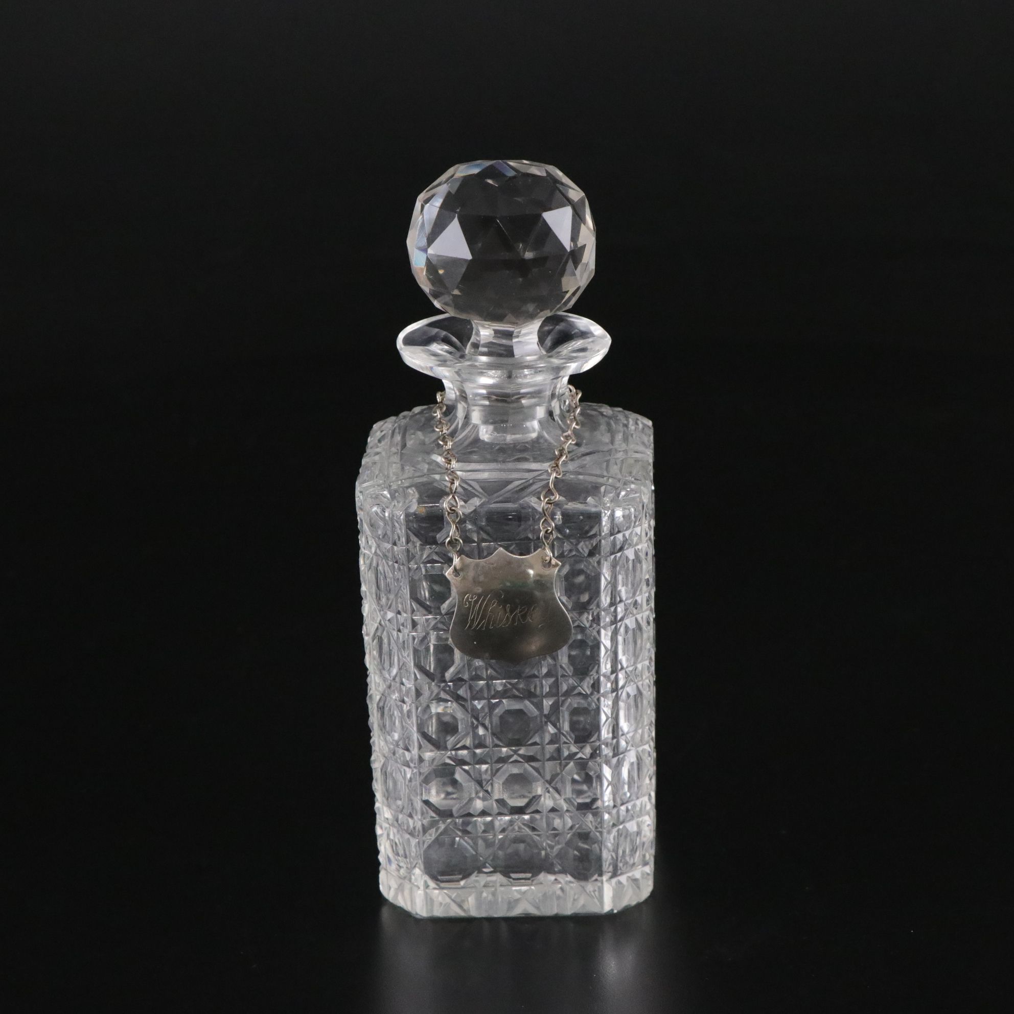 Six Cut Crystal Juice Glasses with Button and Cane Glass Whiskey Decanter