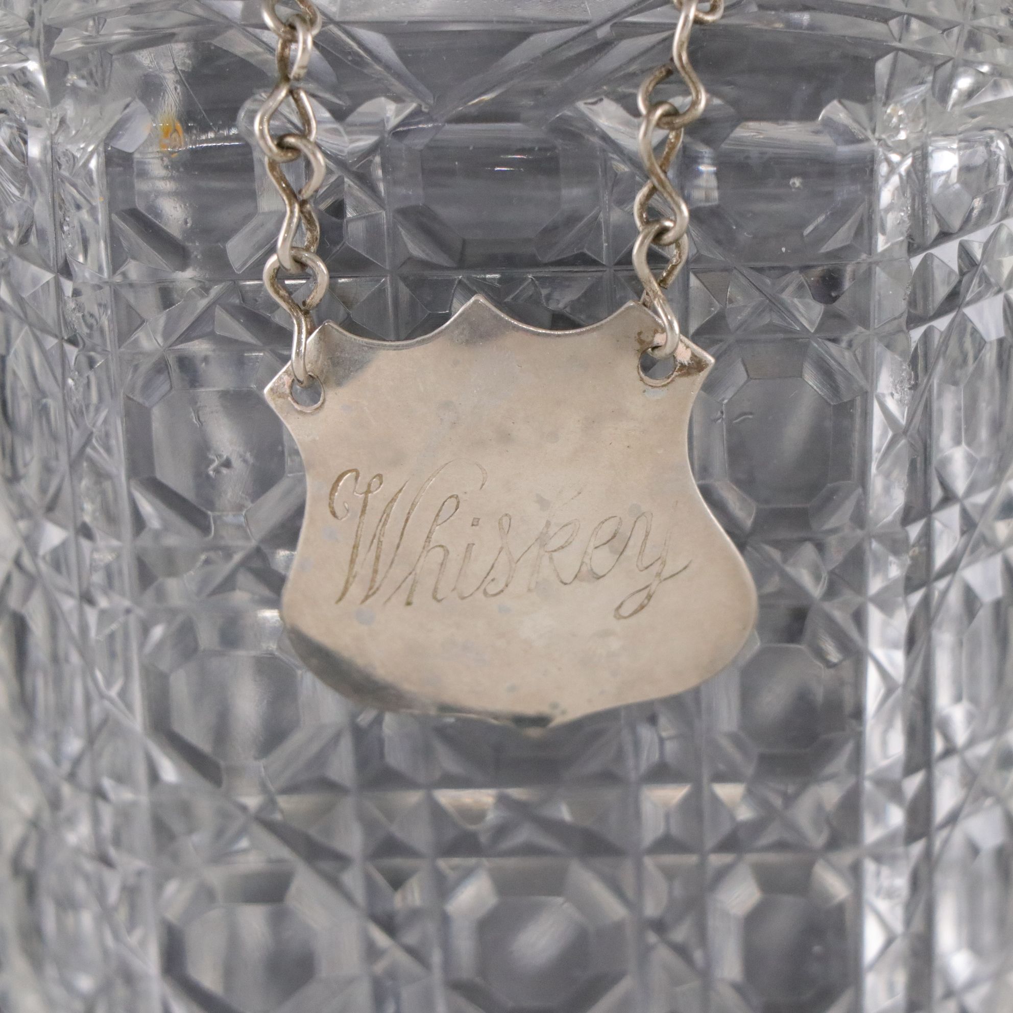 Six Cut Crystal Juice Glasses with Button and Cane Glass Whiskey Decanter