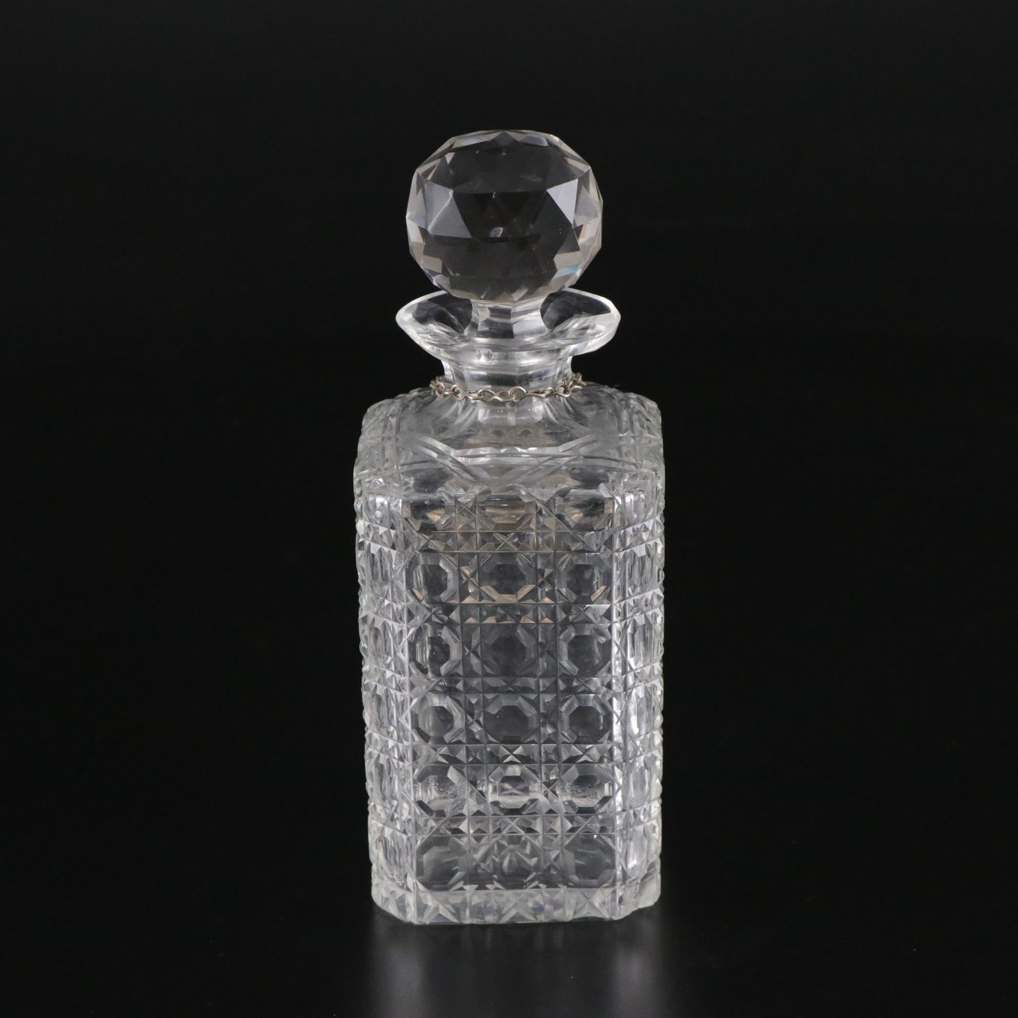 Six Cut Crystal Juice Glasses with Button and Cane Glass Whiskey Decanter