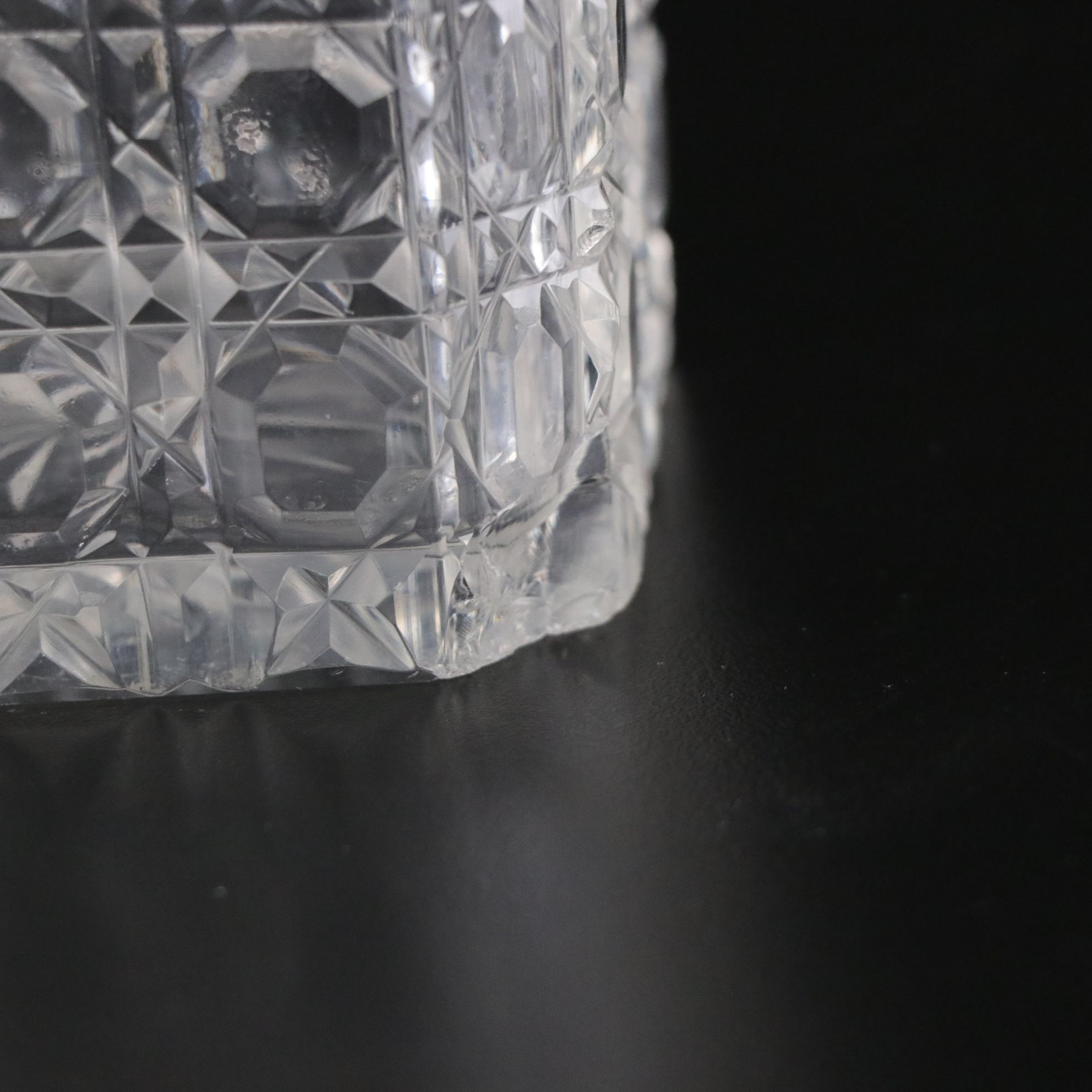 Six Cut Crystal Juice Glasses with Button and Cane Glass Whiskey Decanter