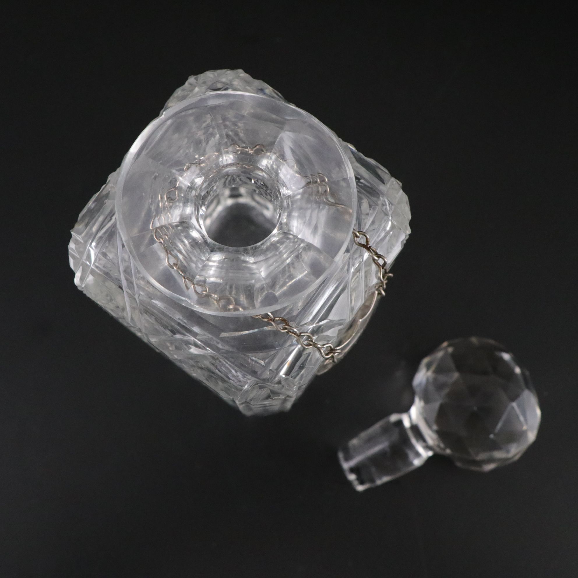 Six Cut Crystal Juice Glasses with Button and Cane Glass Whiskey Decanter