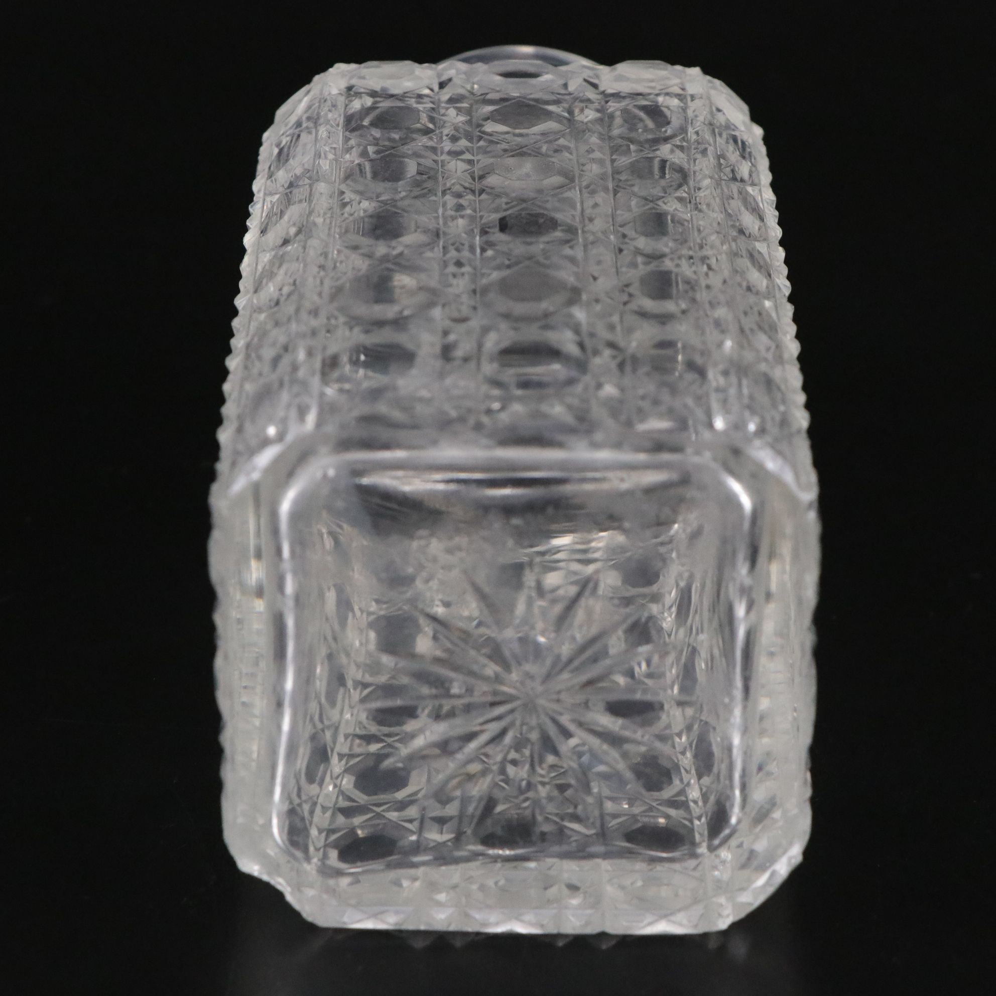 Six Cut Crystal Juice Glasses with Button and Cane Glass Whiskey Decanter