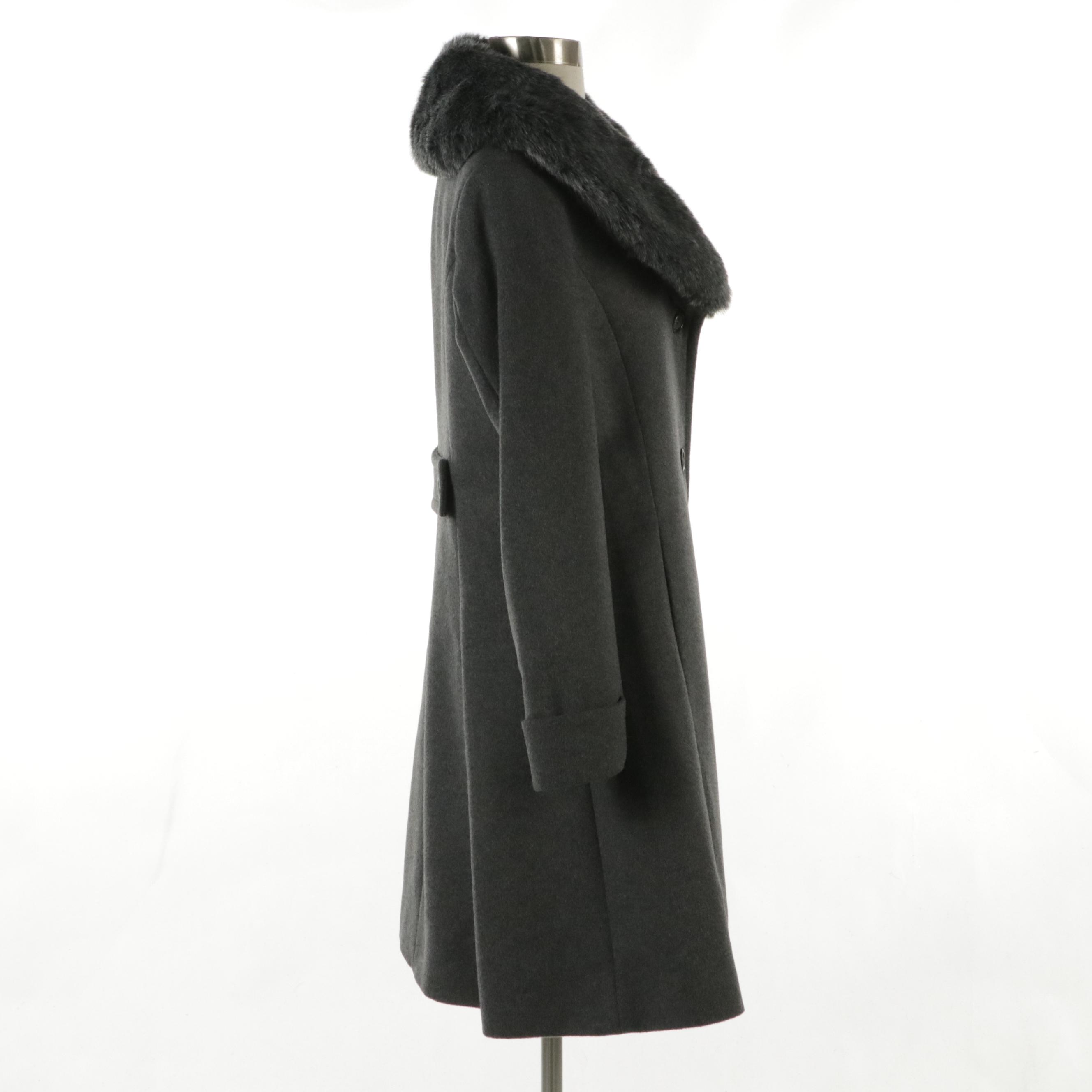 Lauren Ralph Lauren Dark Gray Wool Faux Fur Trimmed Midi Button-Front Coat