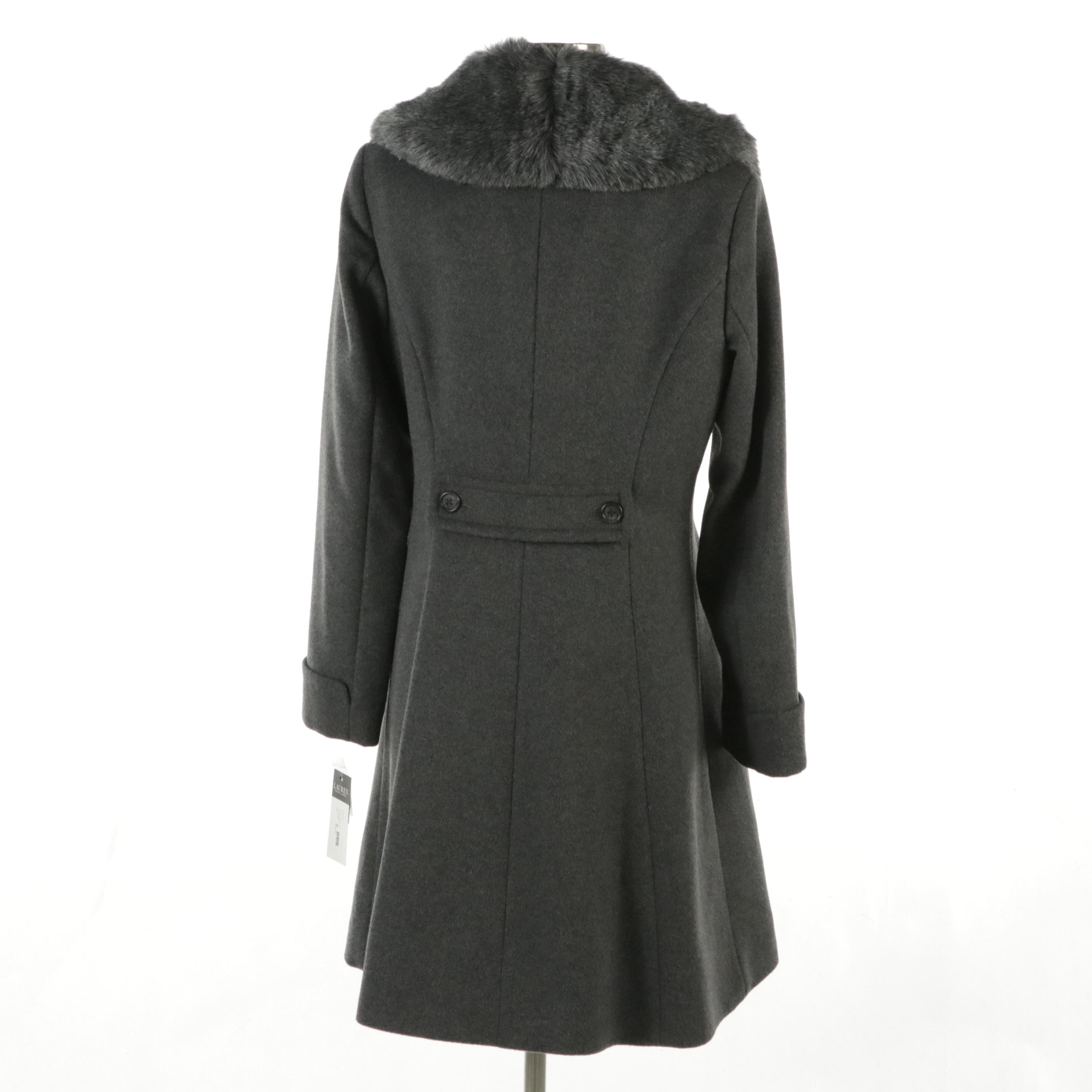 Lauren Ralph Lauren Dark Gray Wool Faux Fur Trimmed Midi Button-Front Coat