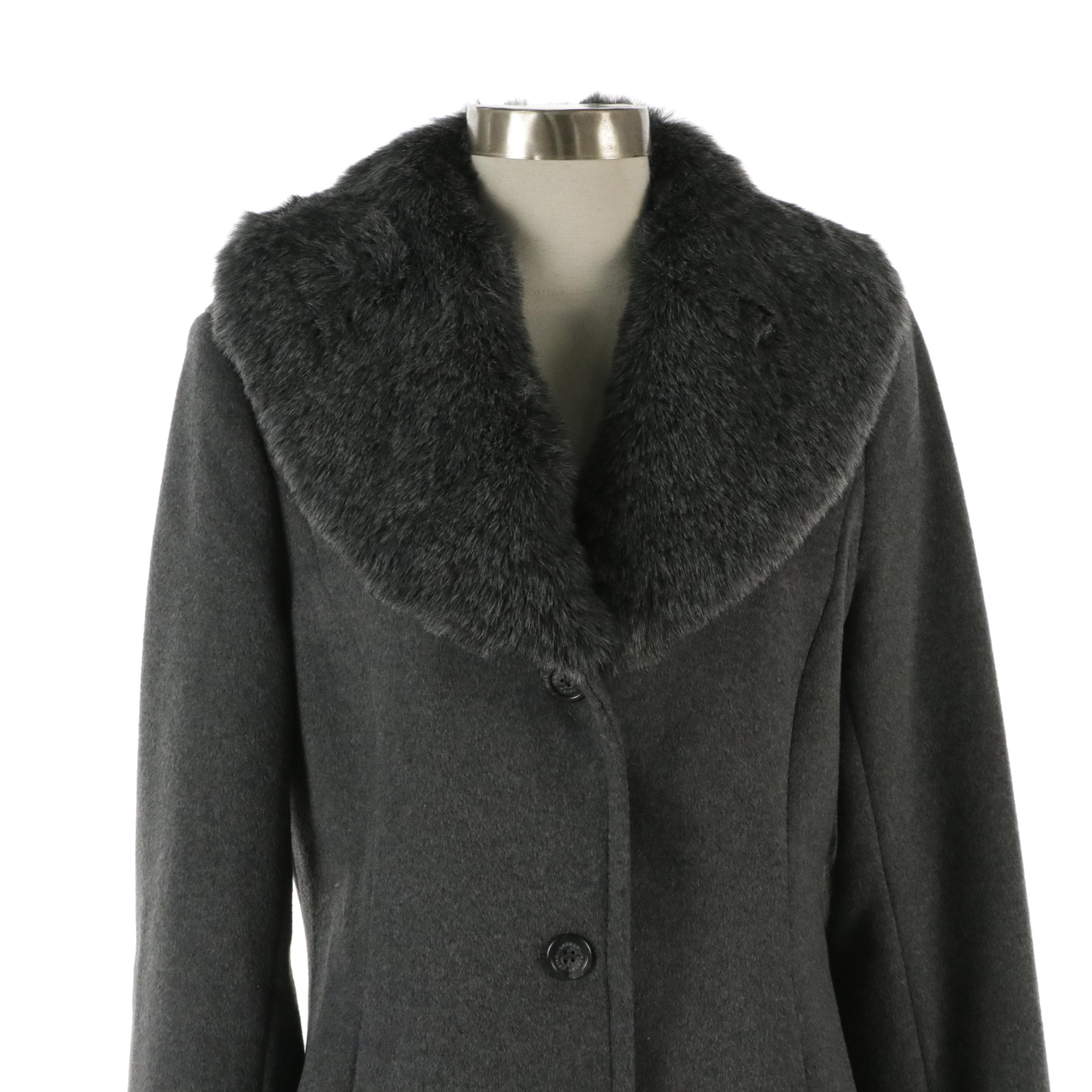 Lauren Ralph Lauren Dark Gray Wool Faux Fur Trimmed Midi Button-Front Coat