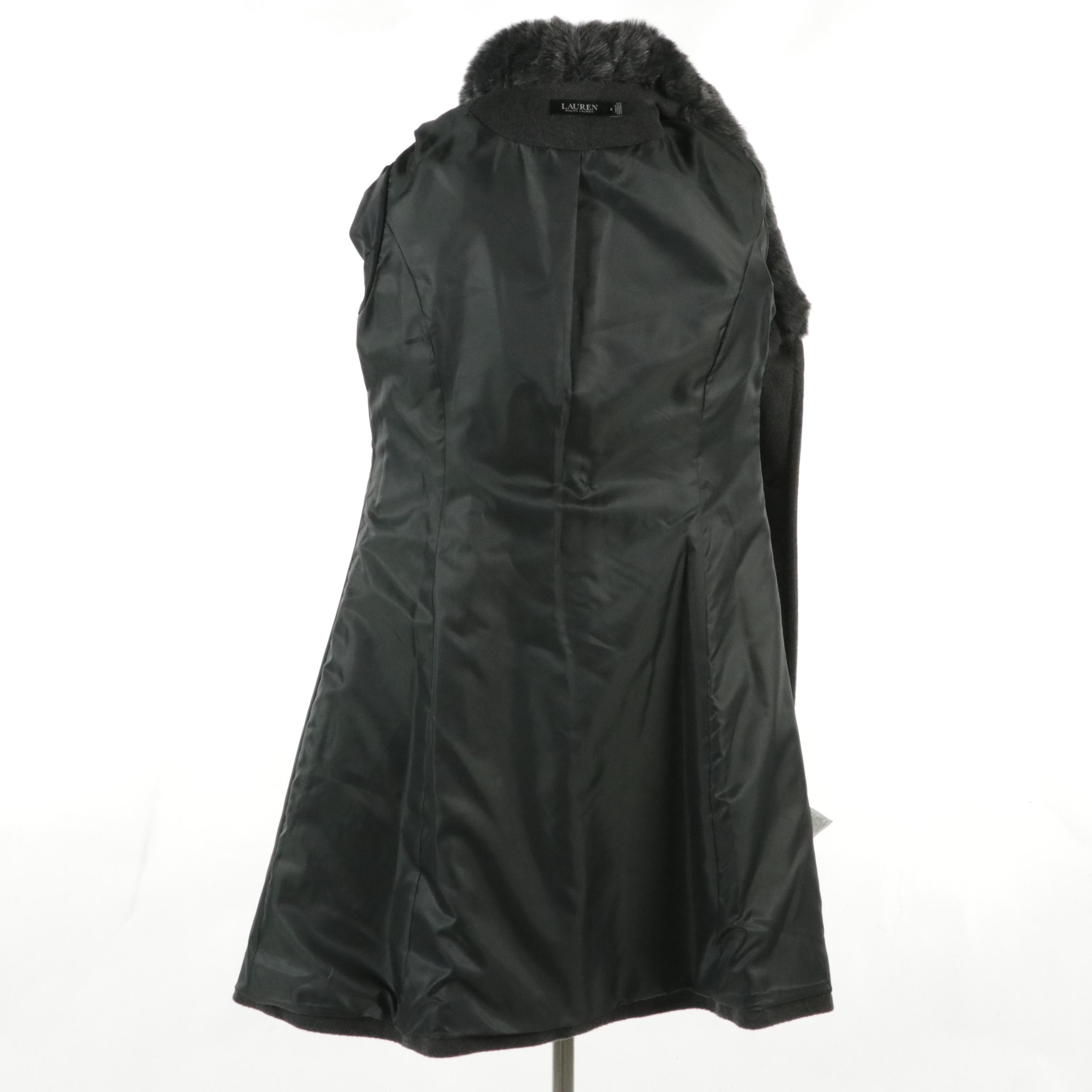 Lauren Ralph Lauren Dark Gray Wool Faux Fur Trimmed Midi Button-Front Coat