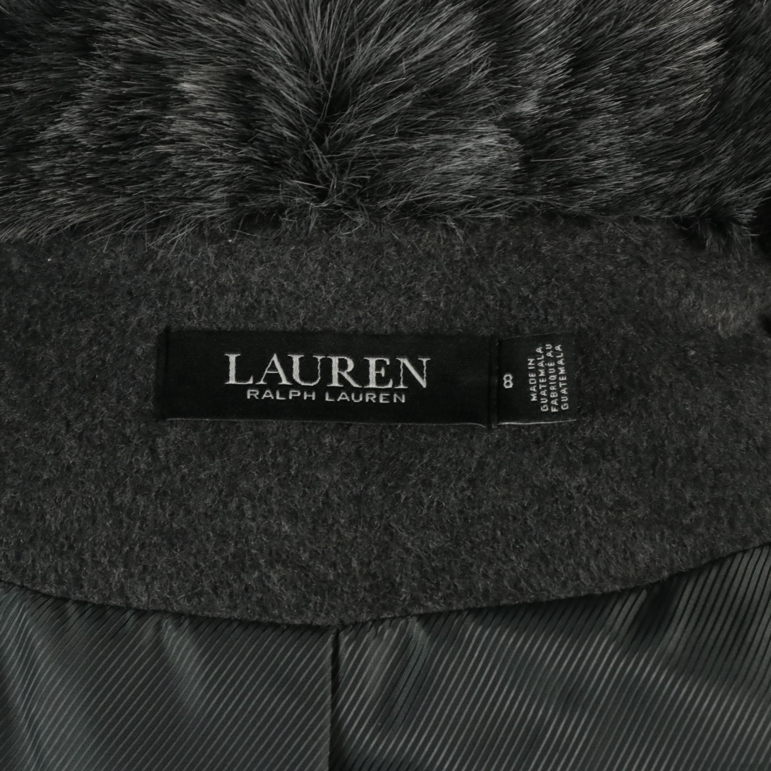 Lauren Ralph Lauren Dark Gray Wool Faux Fur Trimmed Midi Button-Front Coat