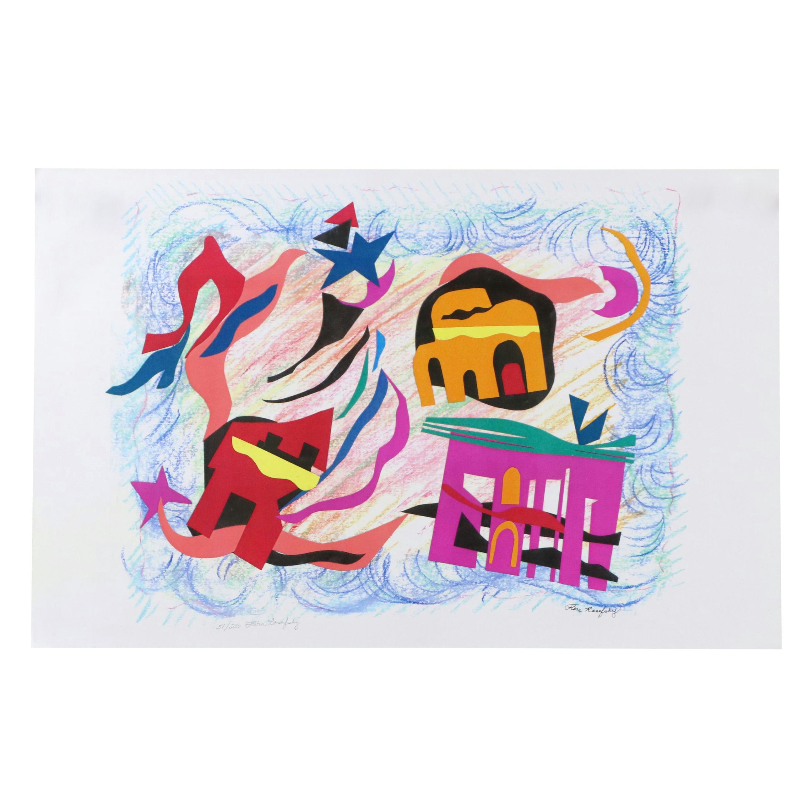 Flora Rosefsky Stylized Townscape Photomechanical Print, Late 20th Century