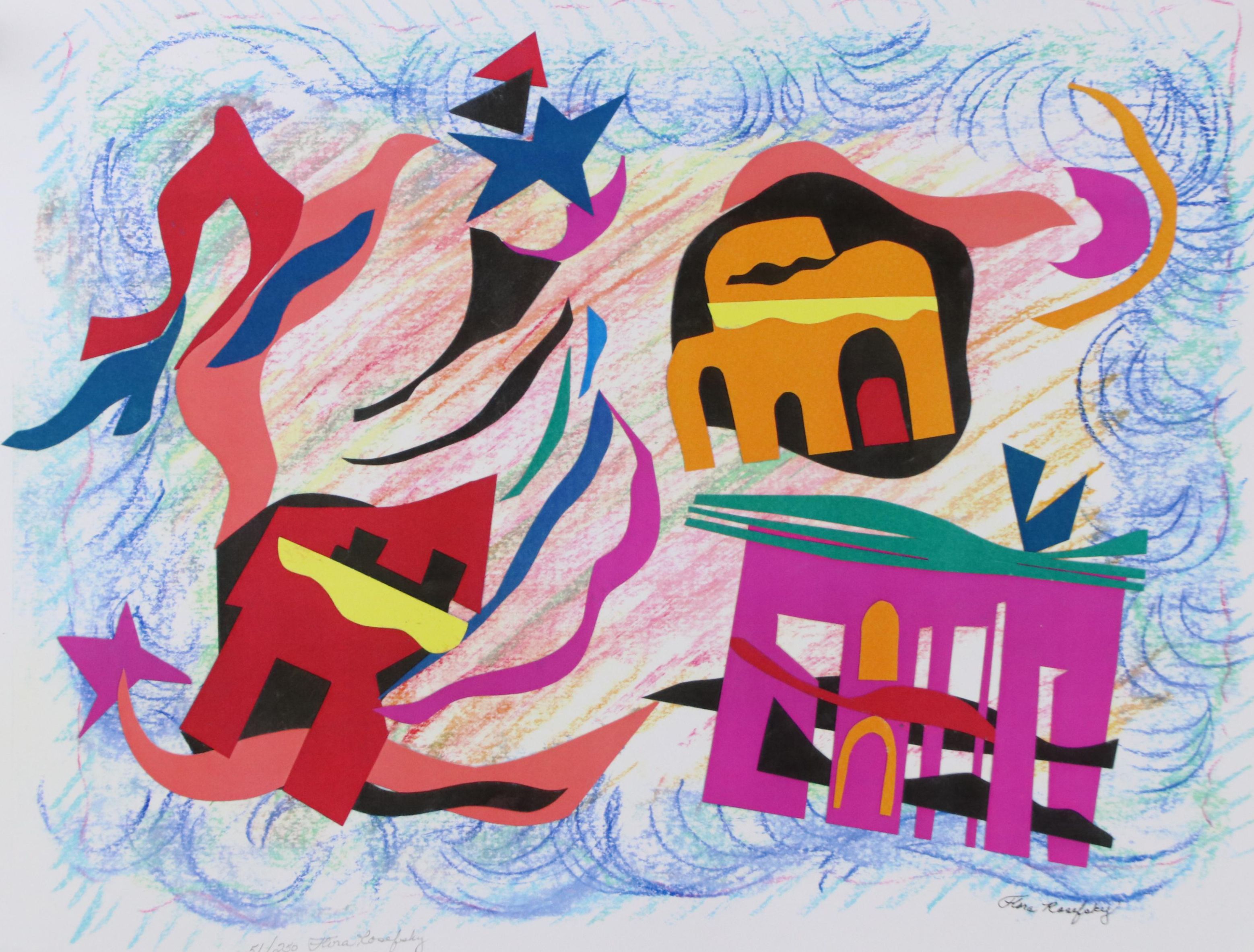 Flora Rosefsky Stylized Townscape Photomechanical Print, Late 20th Century