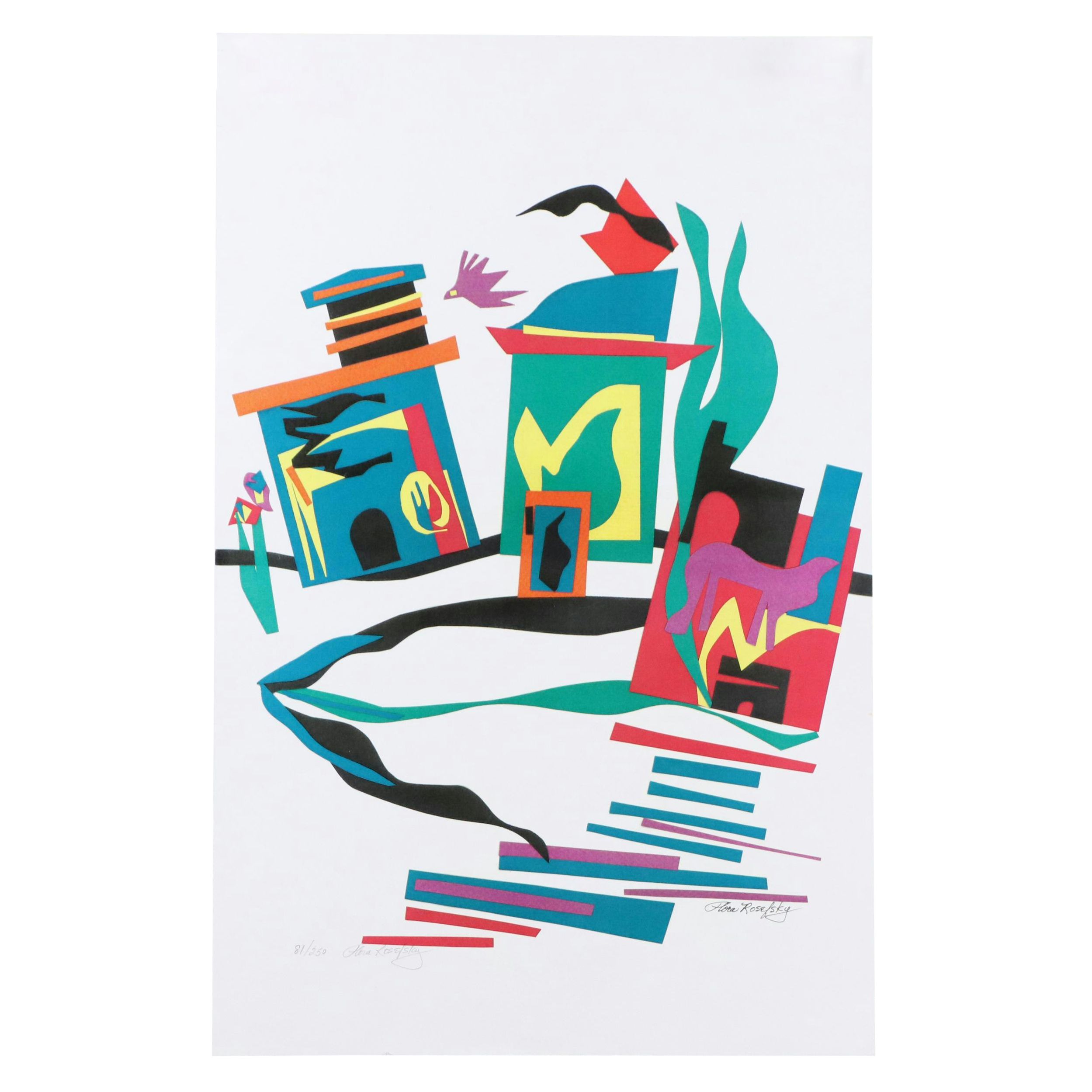 Flora Rosefsky Stylized Townscape Photomechanical Print, Late 20th Century