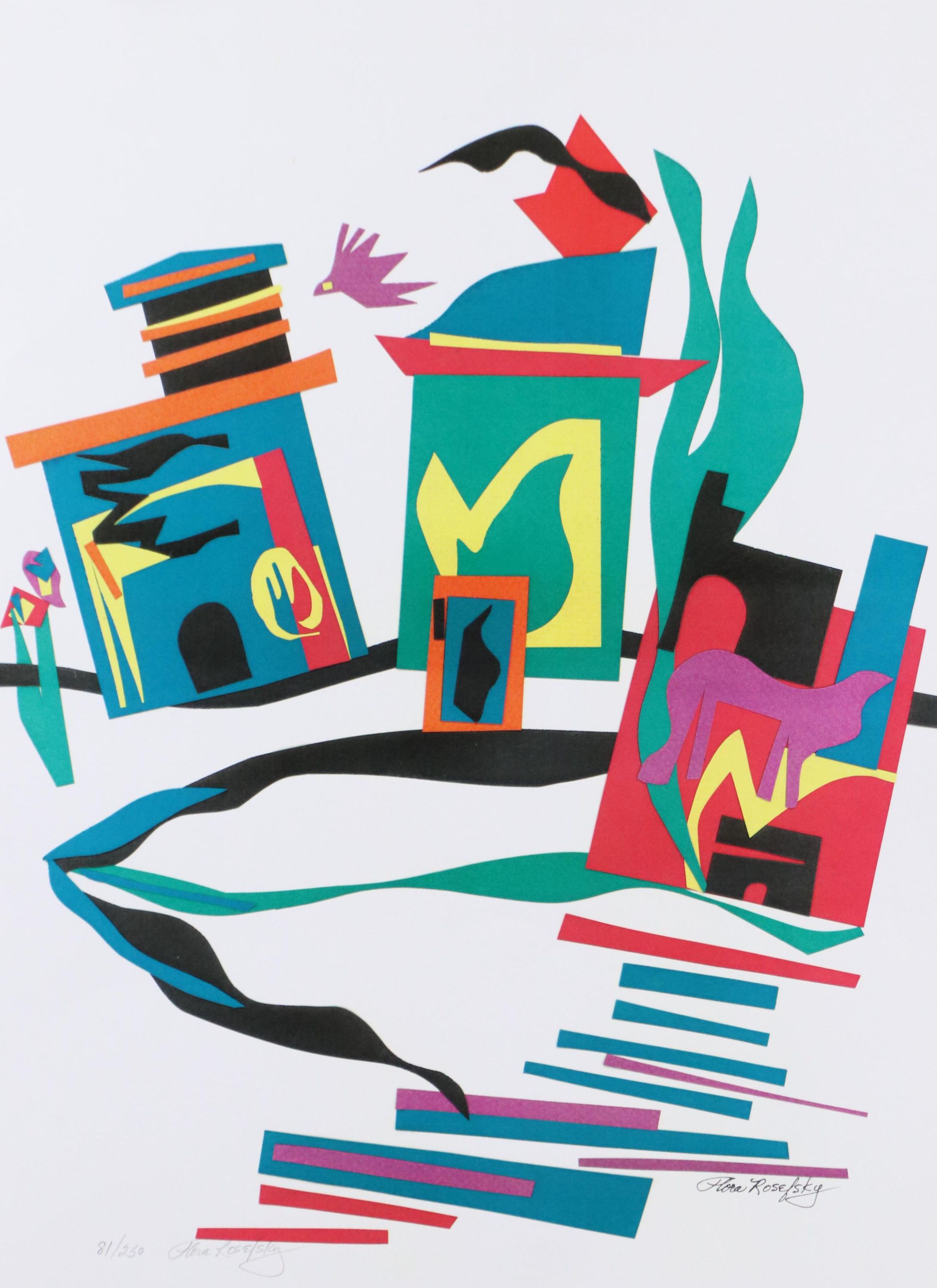 Flora Rosefsky Stylized Townscape Photomechanical Print, Late 20th Century