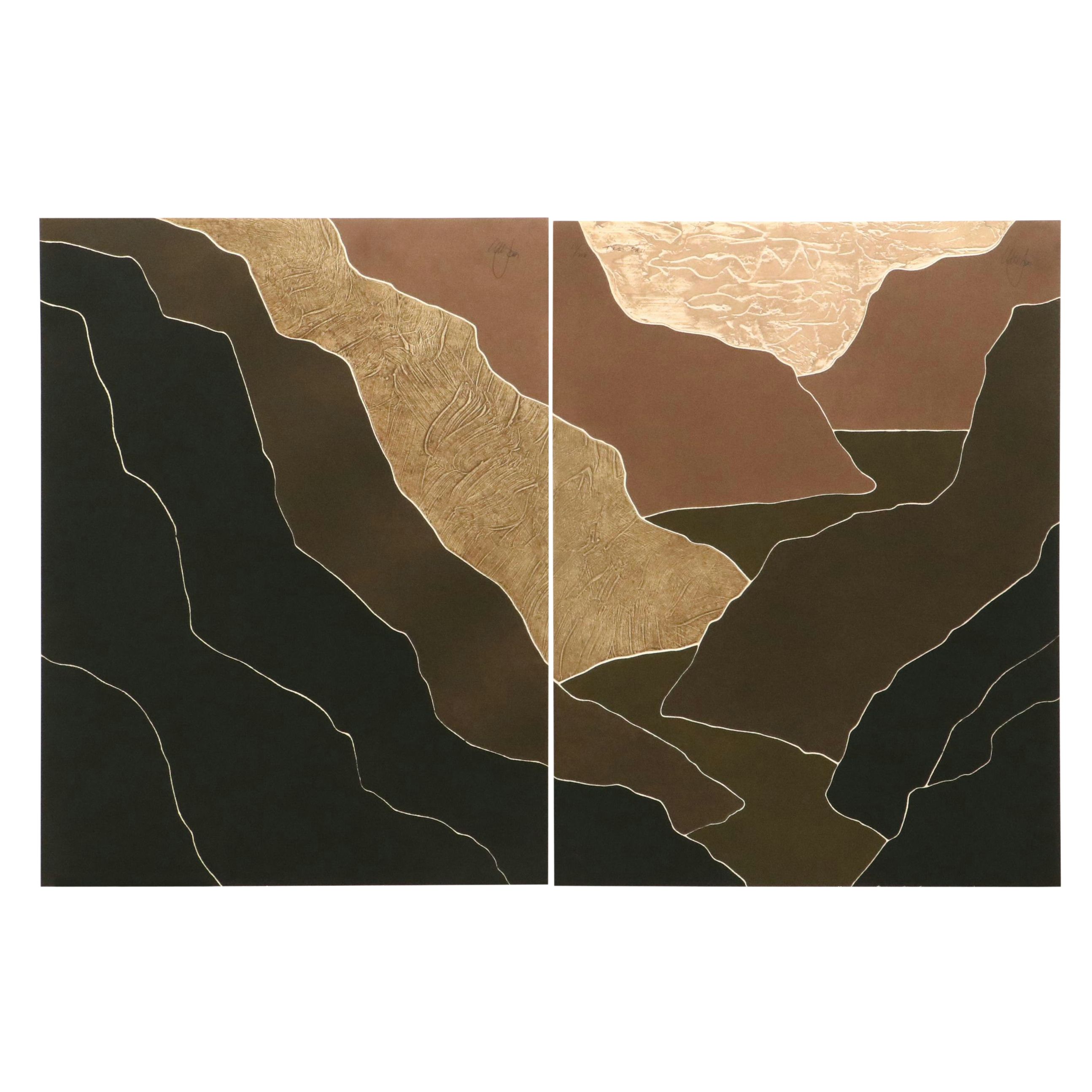 Peter Keefer Collagraph Diptych "CXII" and Other Landscape, 1980s