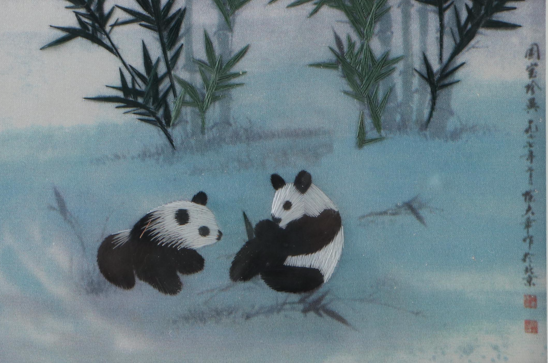 Chinese Pandas Embroidery on Silk Panel with Presentation Box