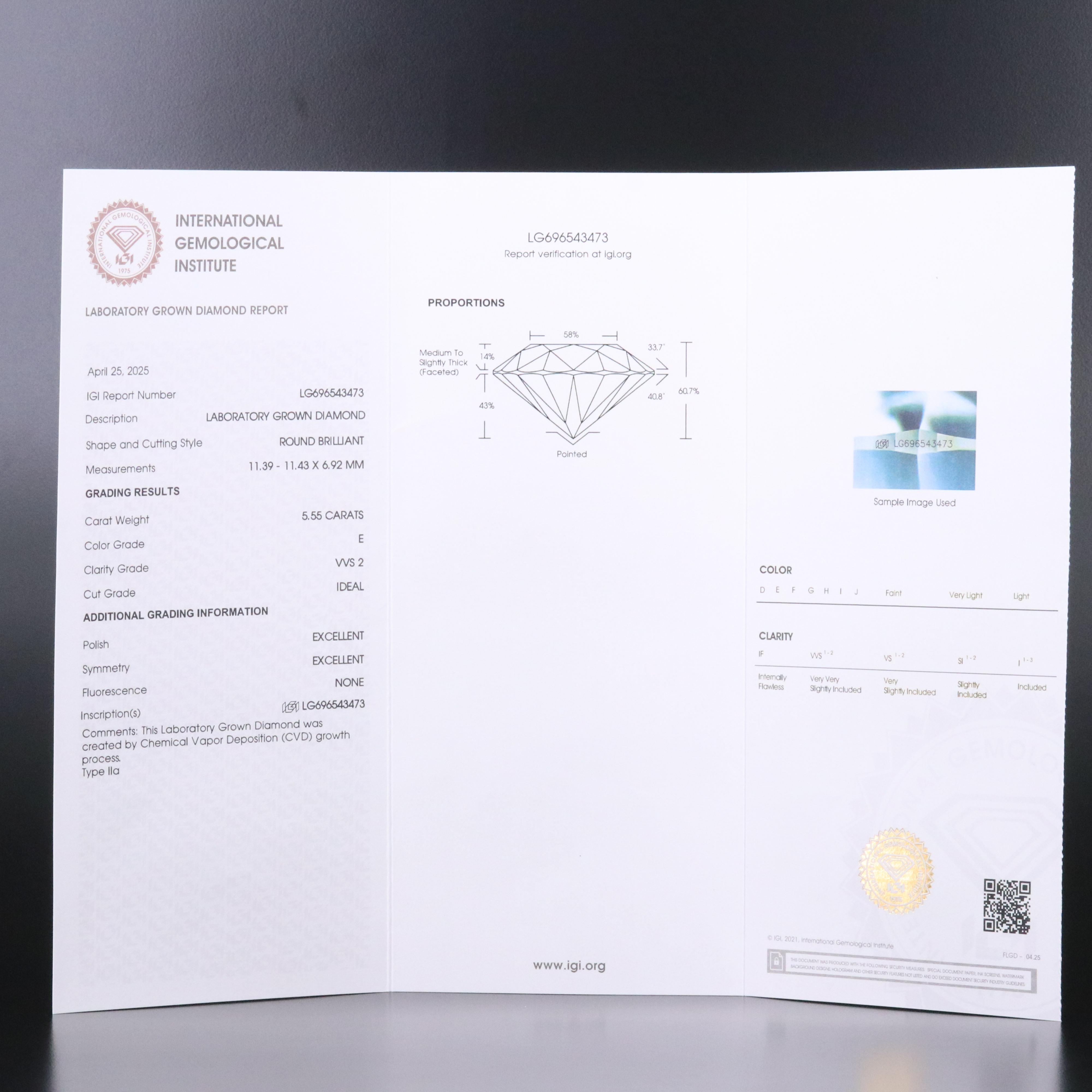 18K 5.55 CT Lab Grown Diamond Solitaire Ring with IGI Report