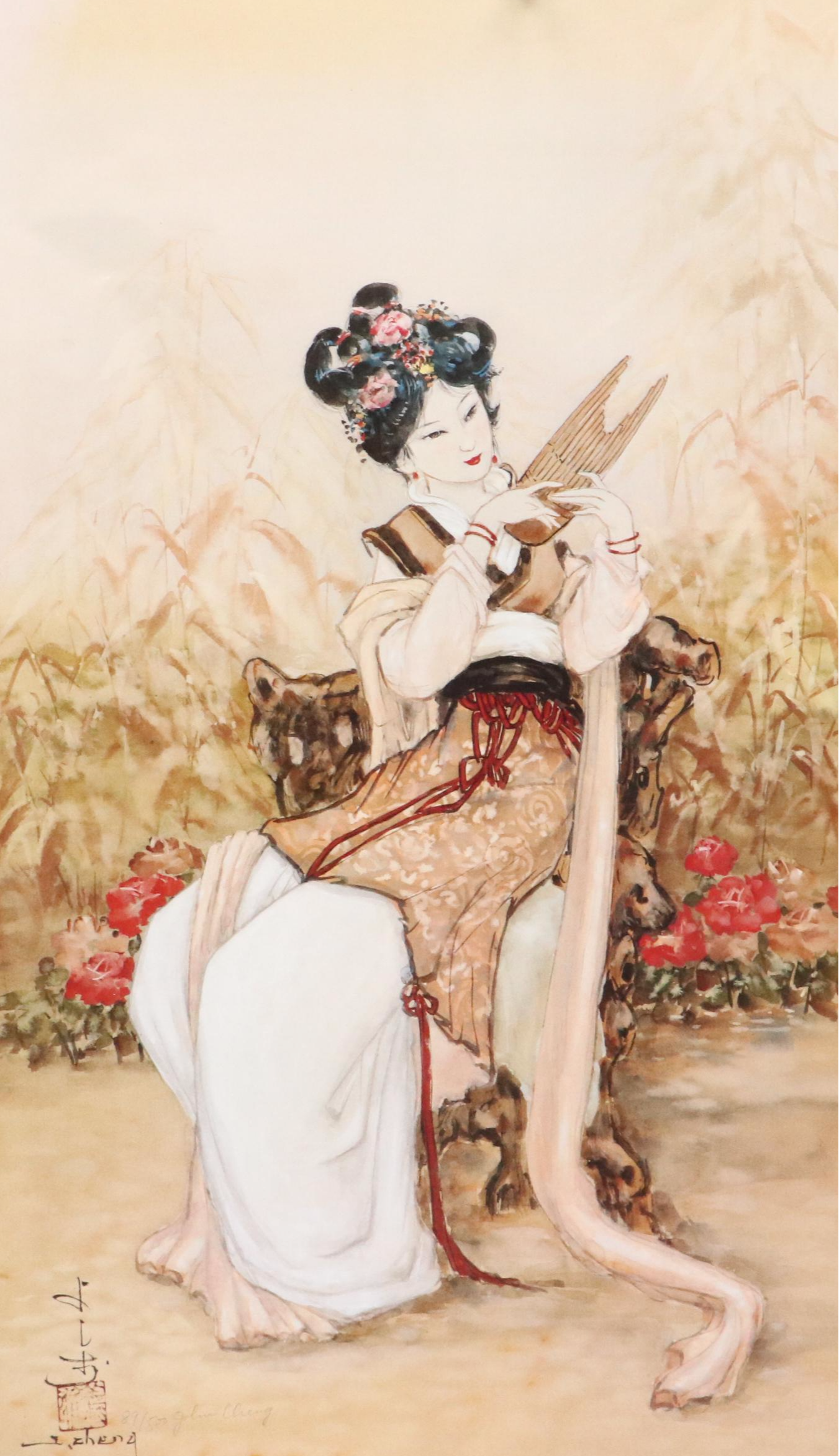 John Cheng Offset Lithographs of Young Japanese Women in Gardens