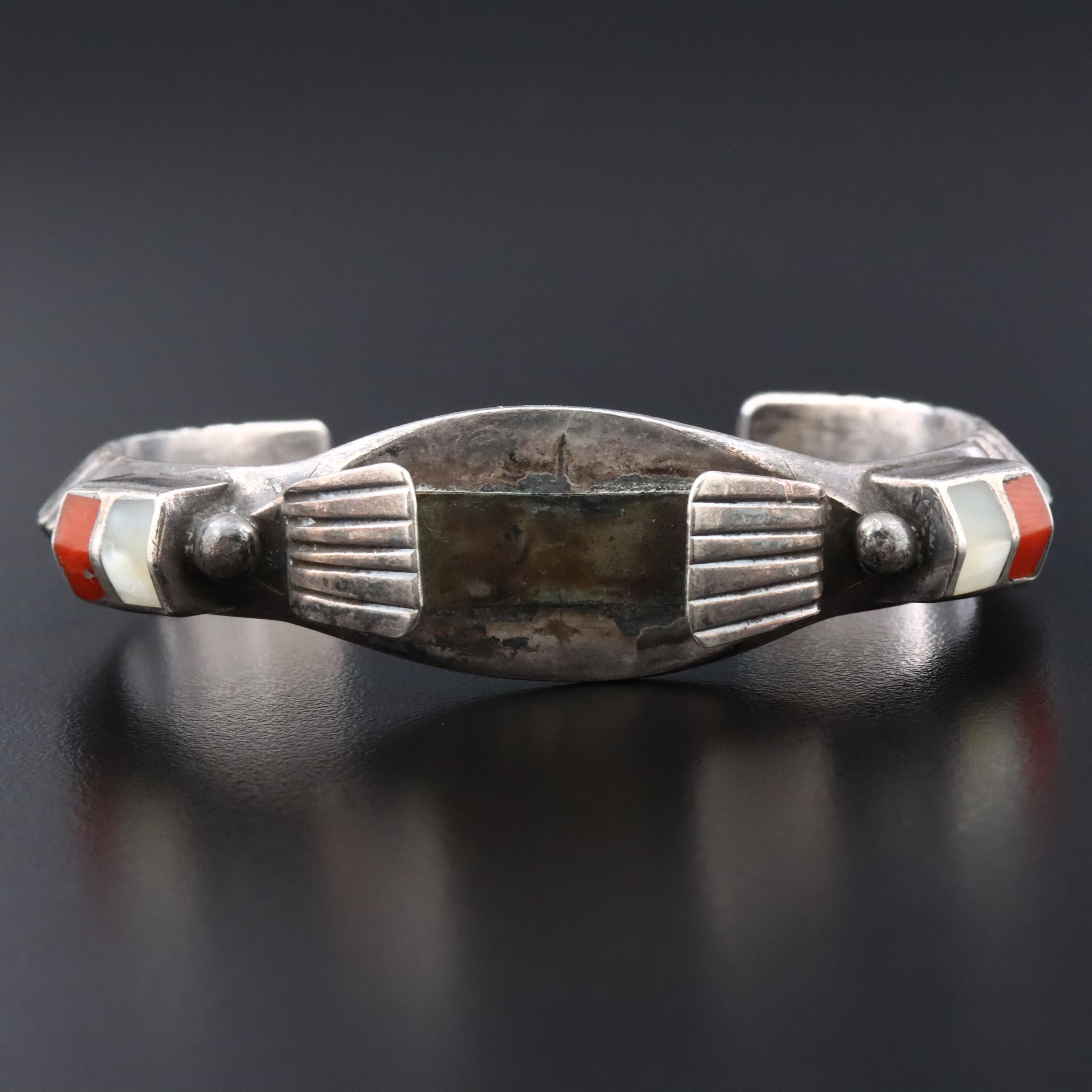 Southwestern Sterling Coral and Mother-of-Pearl Watch Cuff