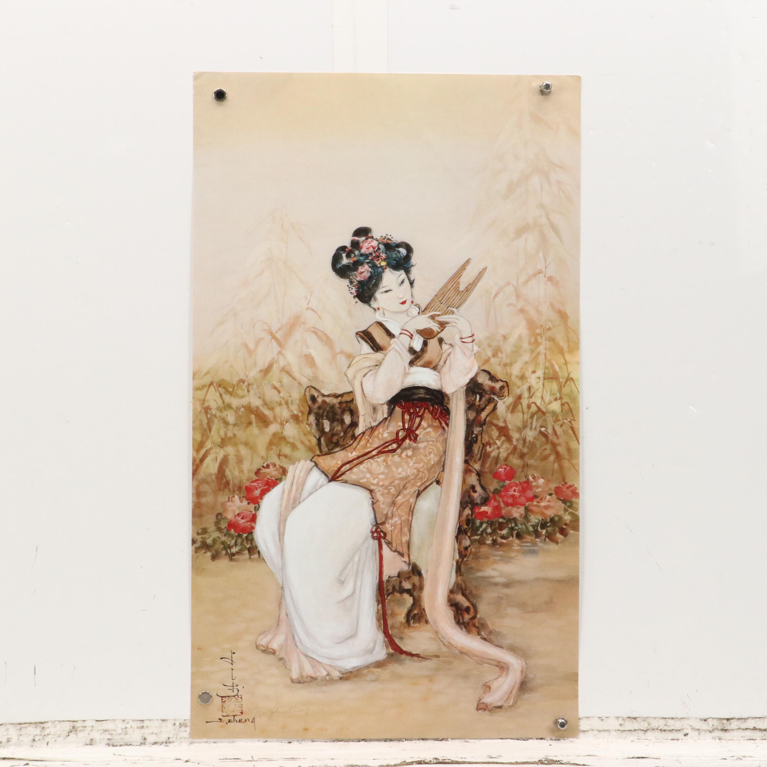 John Cheng Offset Lithographs of Young Japanese Women in Gardens