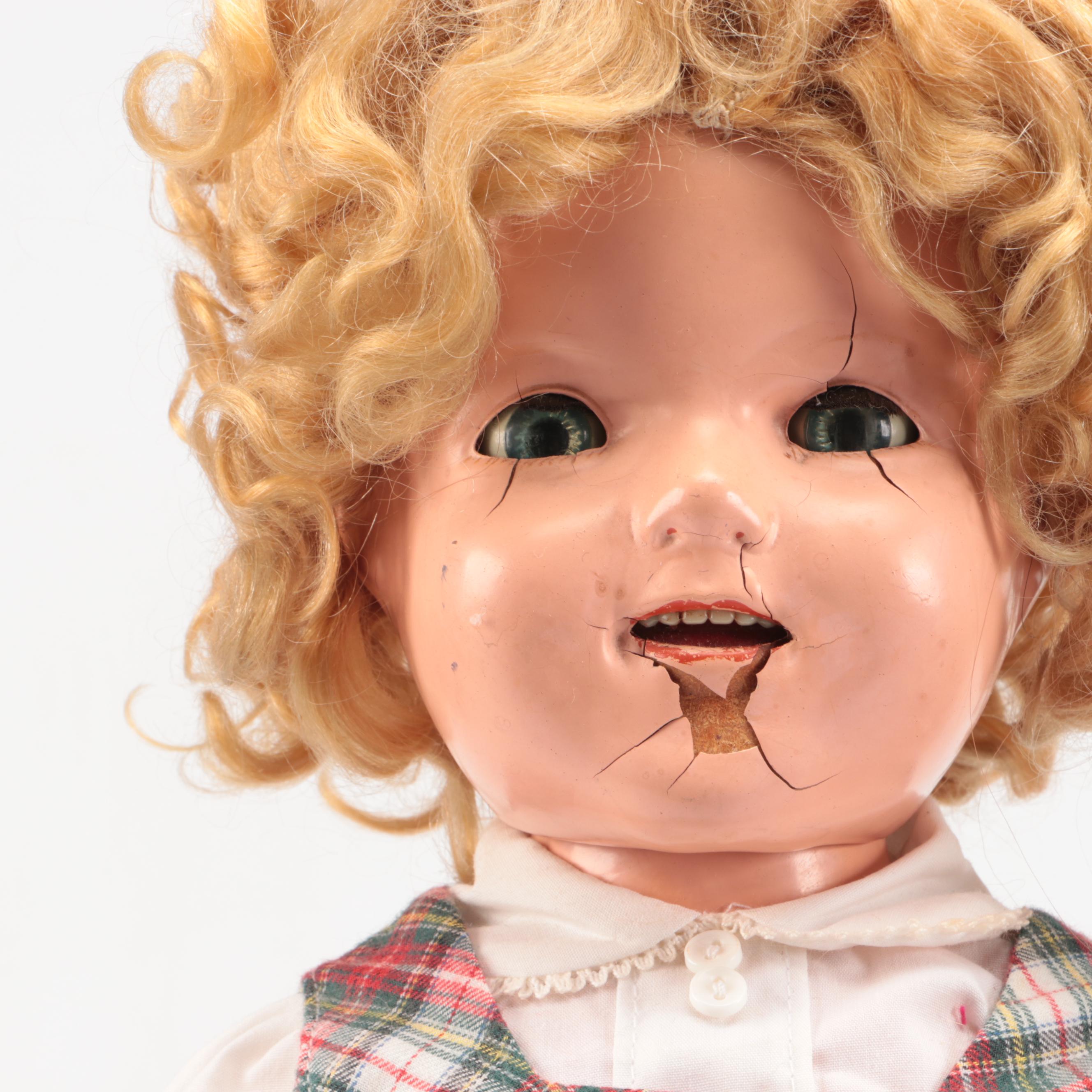 Vintage Shirley Temple Composition Doll with Other Doll and Accessories