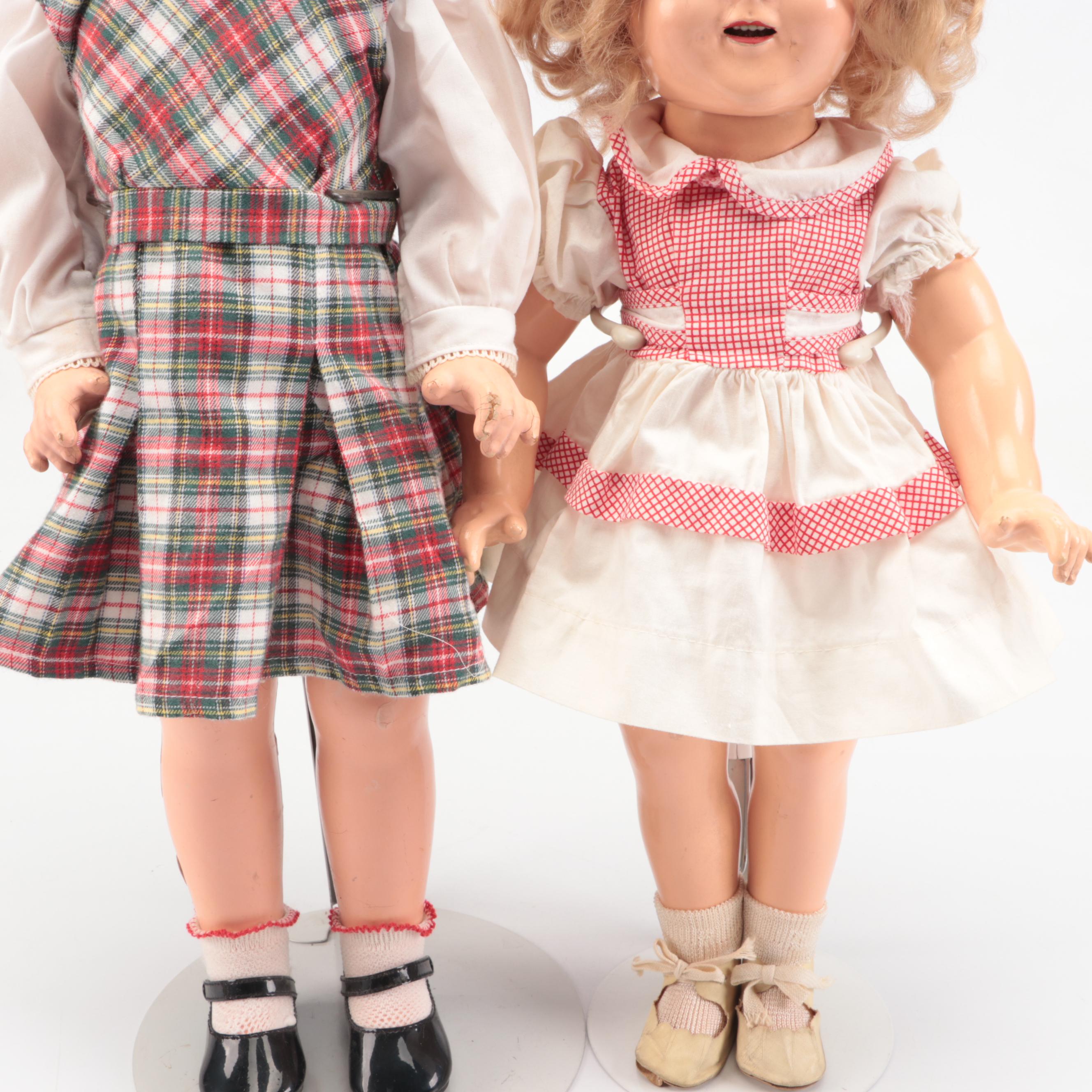 Vintage Shirley Temple Composition Doll with Other Doll and Accessories