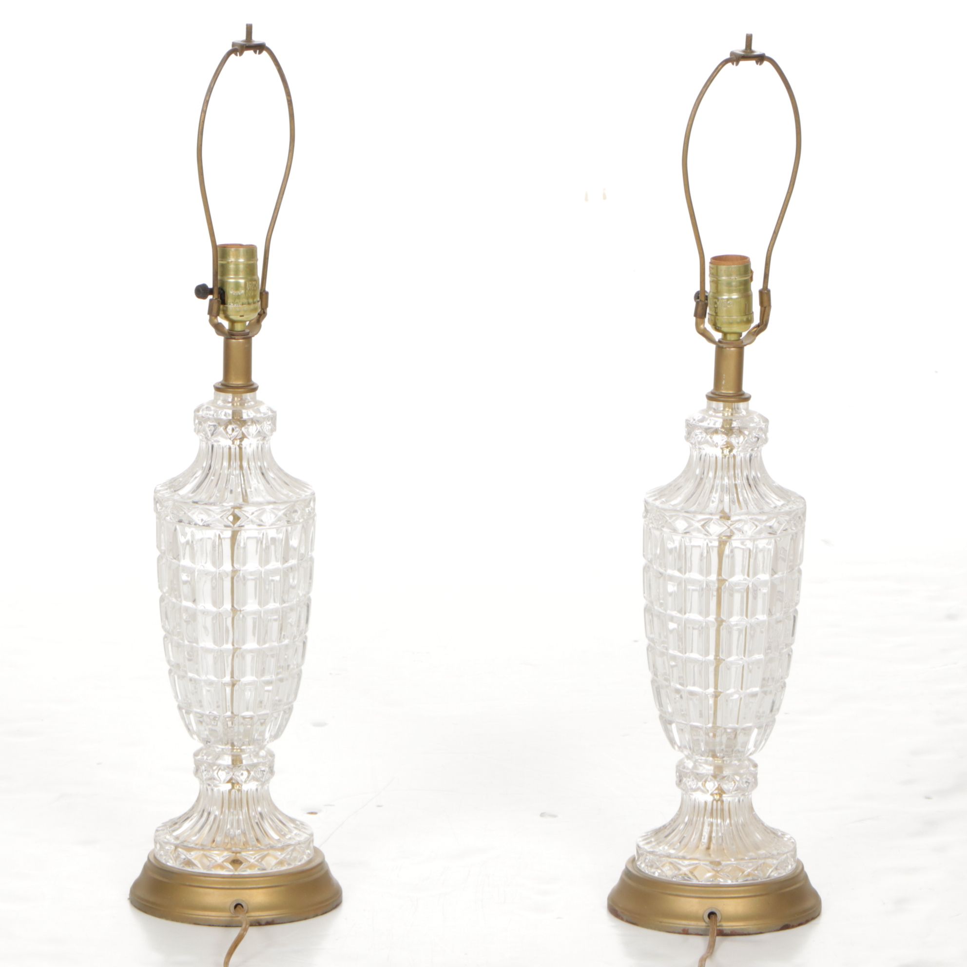 Hollywood Regency Style Pressed Glass Urn Table Lamps with Victorian Shades